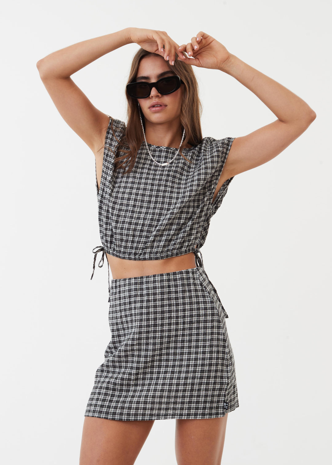 AFENDS Womens Asta - Seeksucker Check Tie Top - Steel 