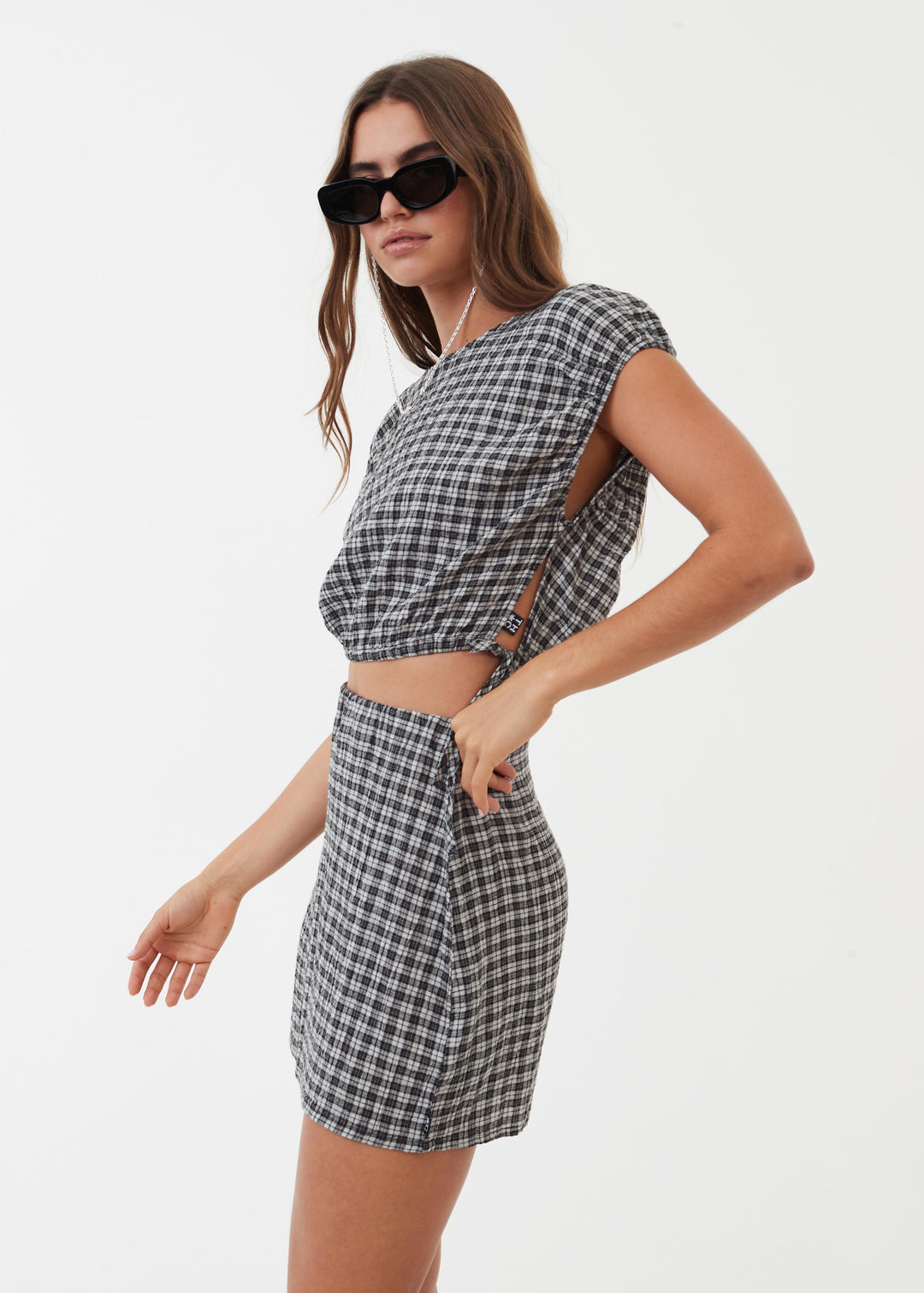 AFENDS Womens Asta - Seeksucker Check Tie Top - Steel 