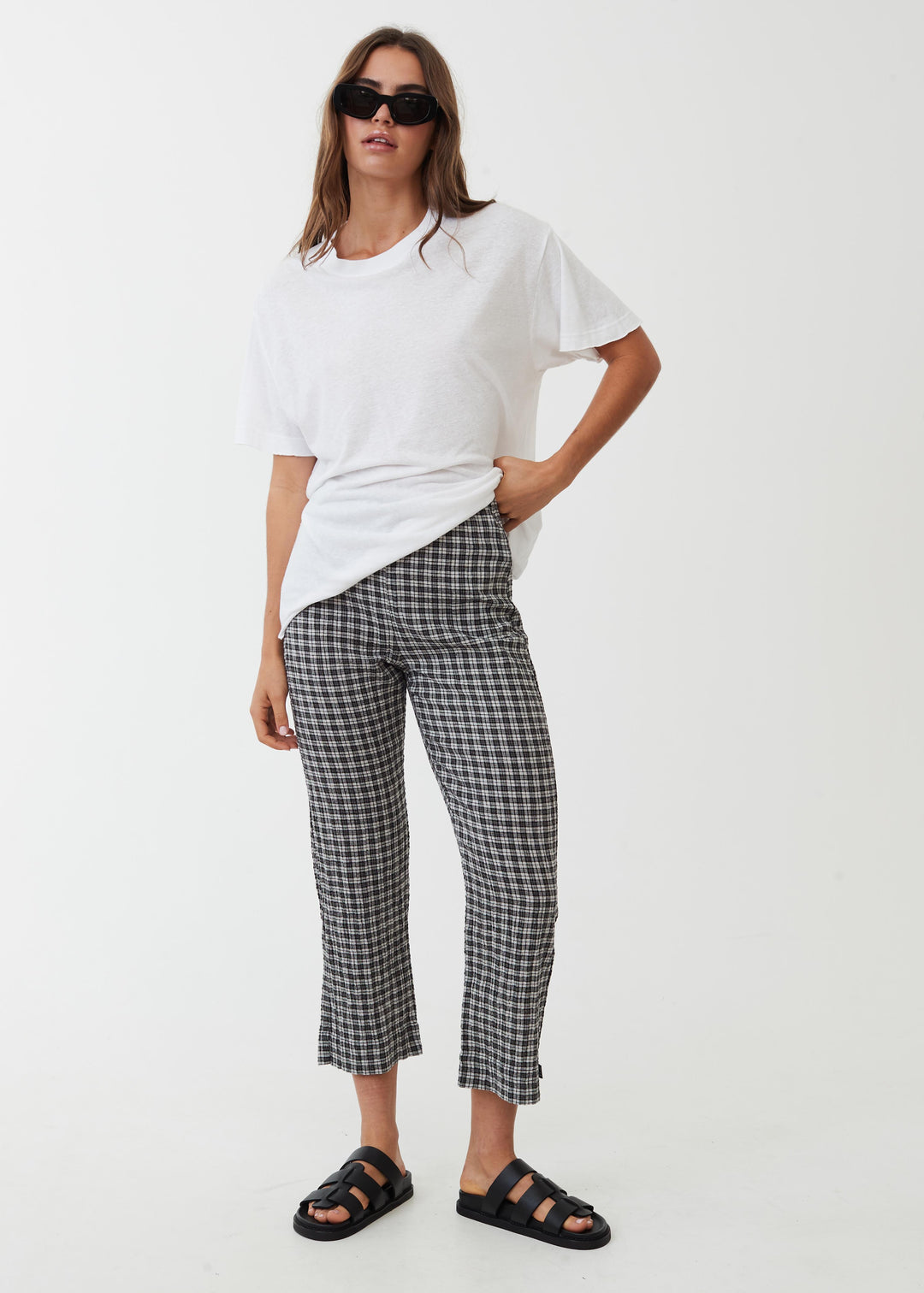 AFENDS Womens Asta - Seersucker Check High Waisted Pants - Steel 