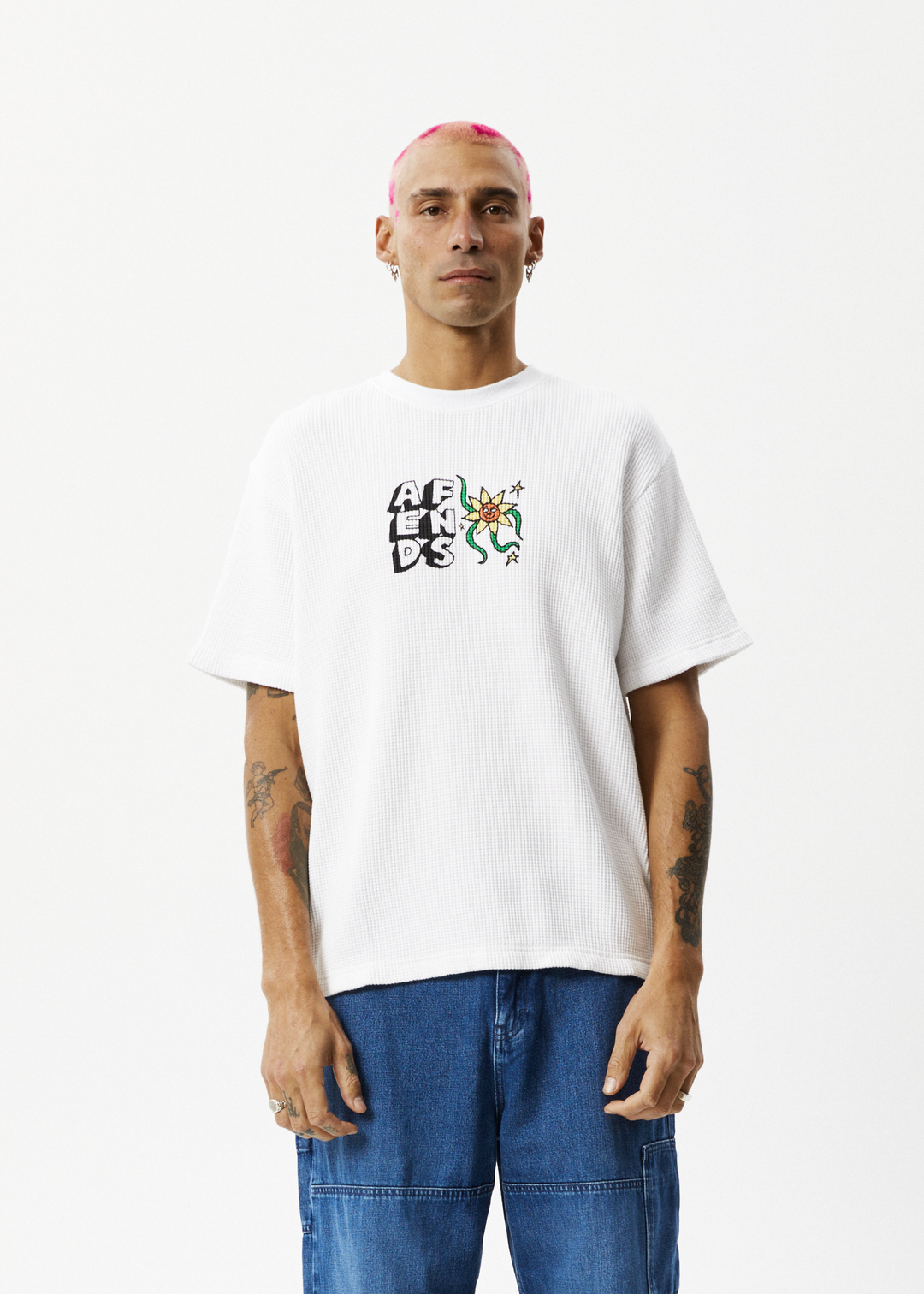 AFENDS Mens Flowerbed - Waffle Retro T-Shirt - Off White 