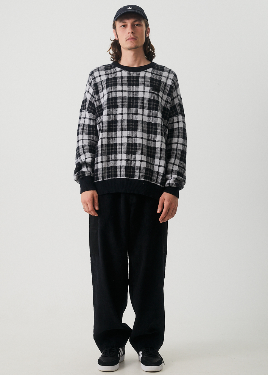 Asta - Men's Hemp Check Knit Crew Neck Jumper - Steel - Afends AU.