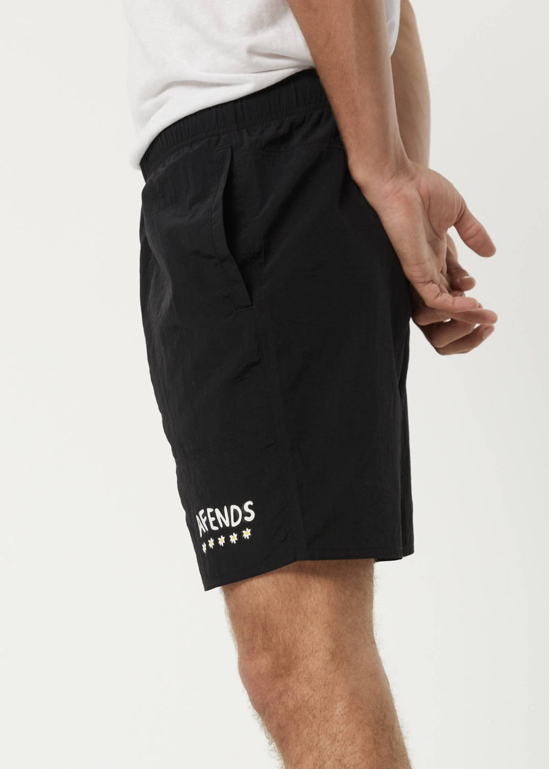 AFENDS Mens Baywatch Flowers - Elastic Waist Shorts - Black 