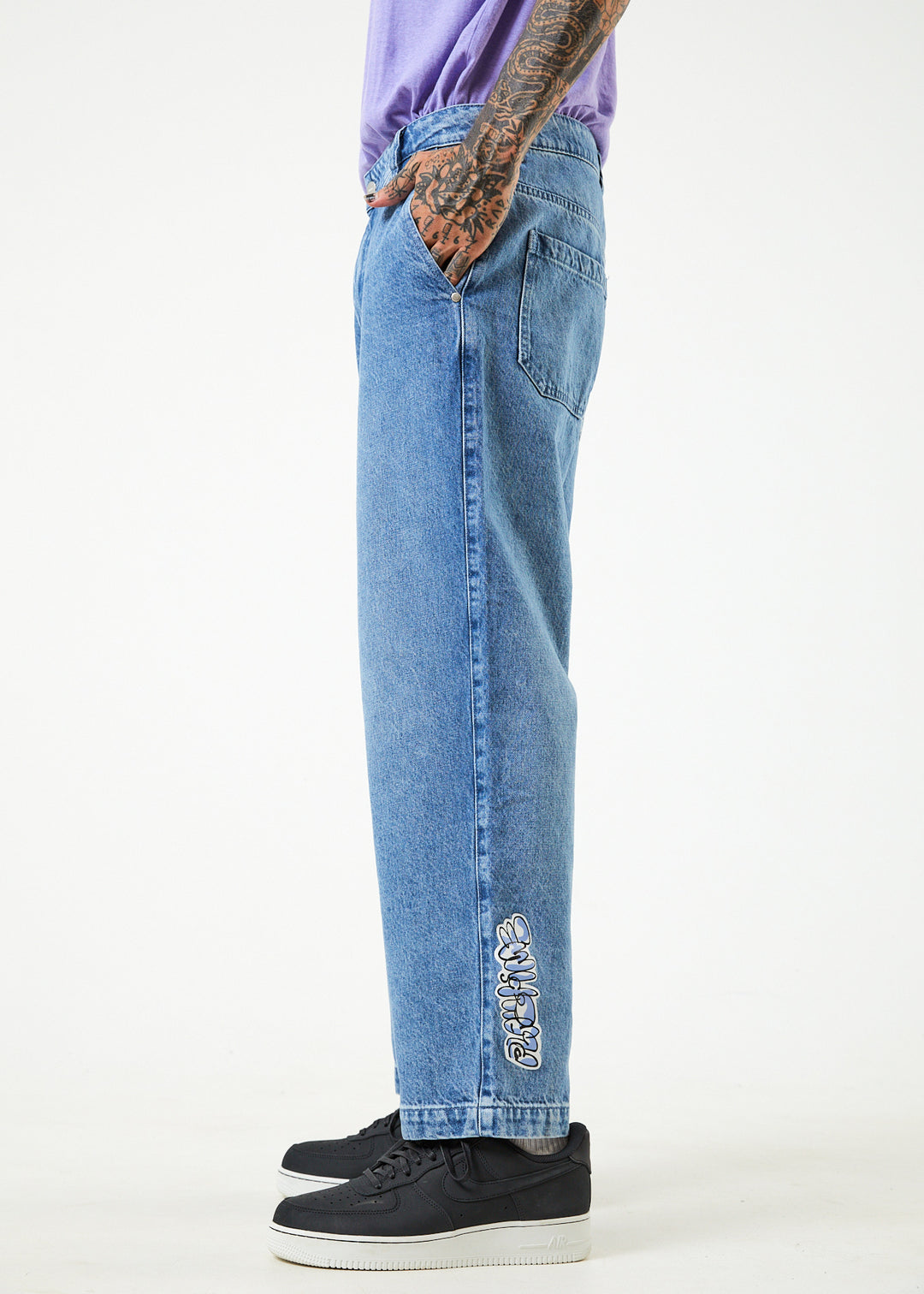 AFENDS Mens Cosmic Louie - Denim Wide Leg Jeans - Worn Blue 