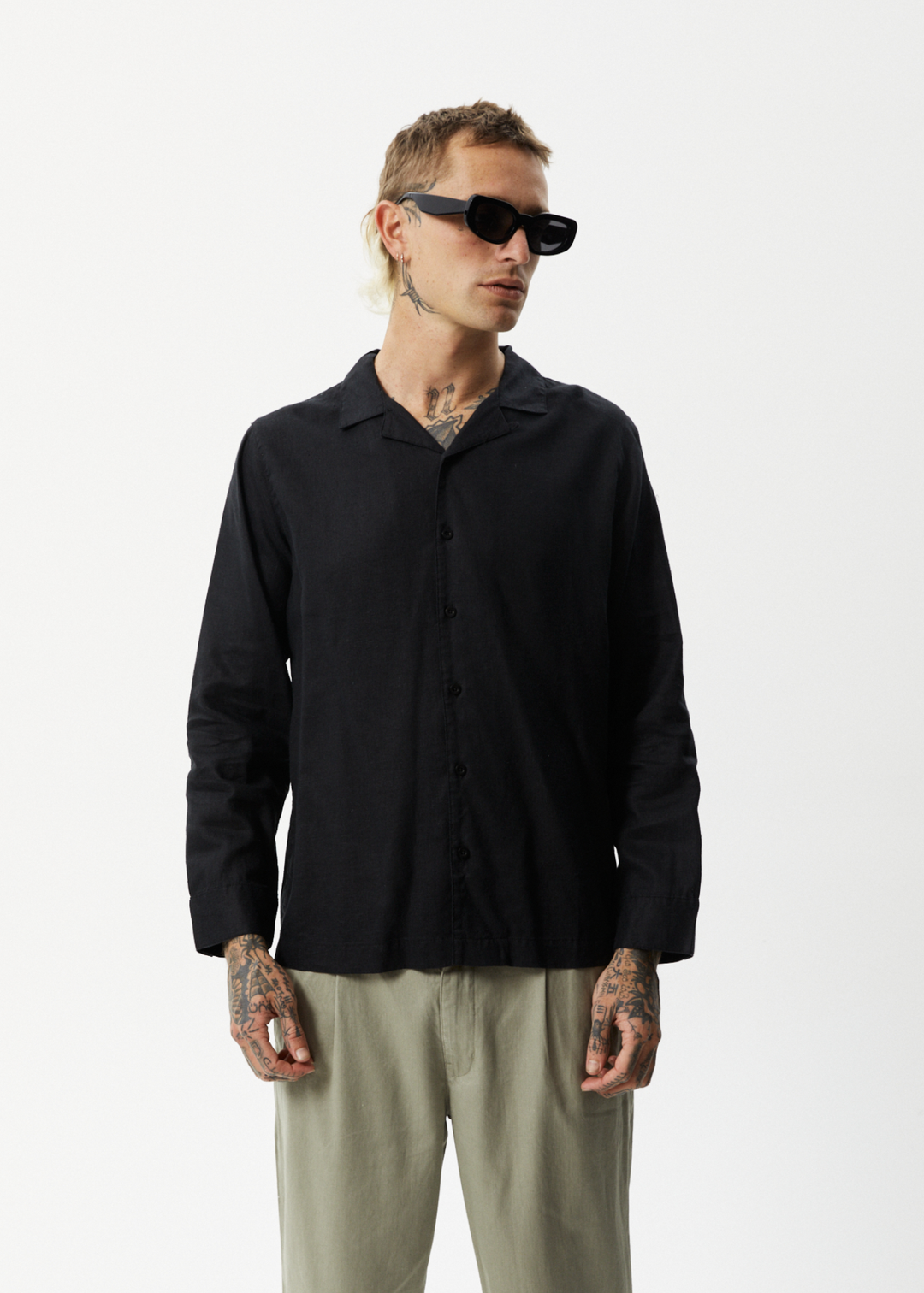 AFENDS Mens Critical - Cuban Long Sleeve Shirt - Black 