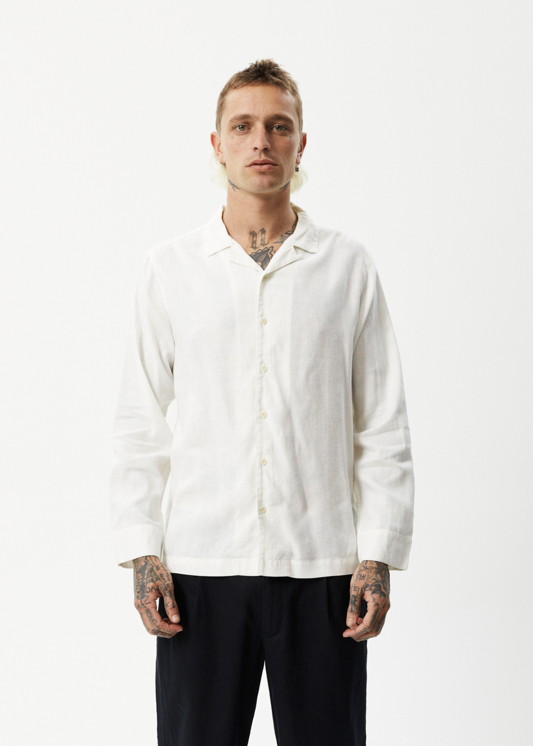 AFENDS Mens Critical - Cuban Long Sleeve Shirt - White 