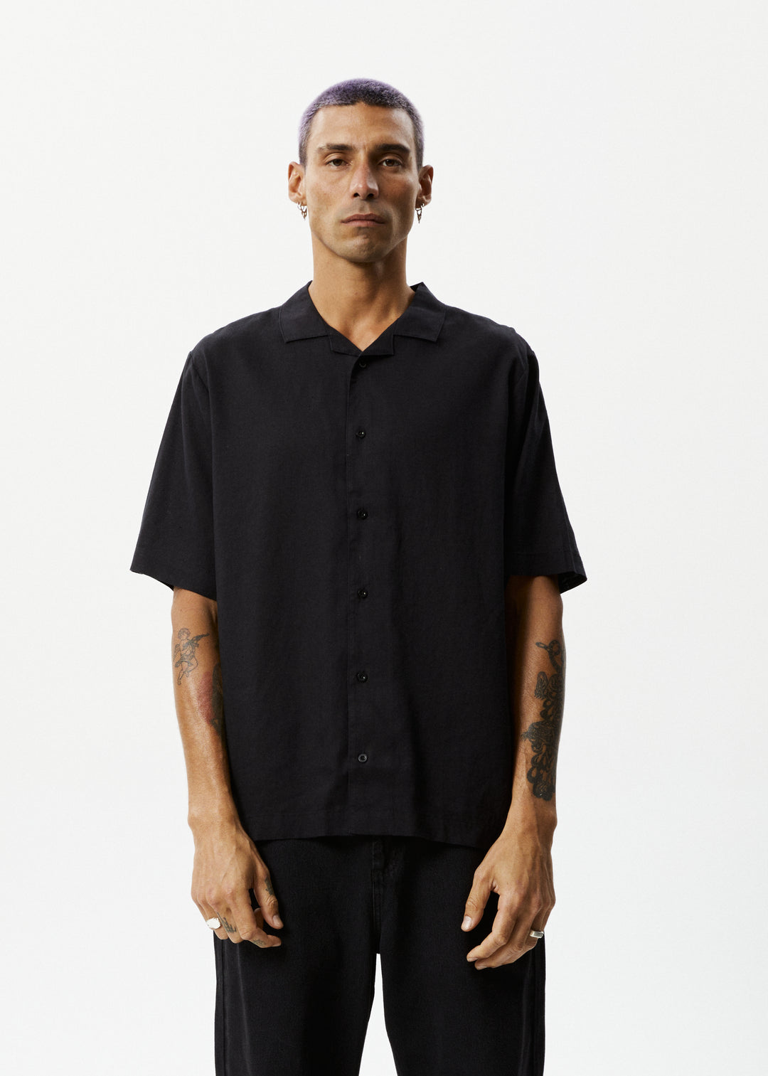 AFENDS Mens Daily - Cuban Shorts Sleeve Shirt - Black 