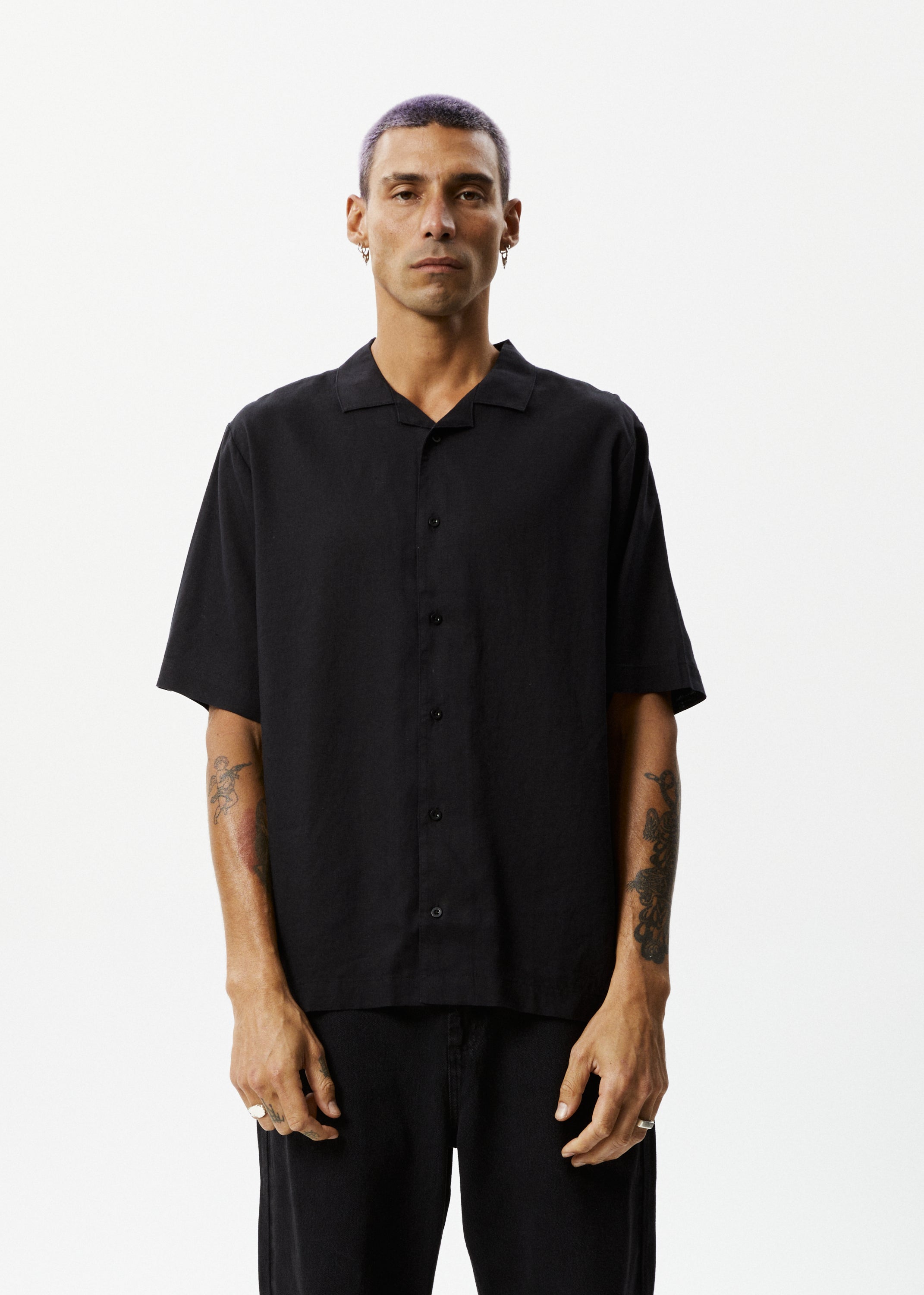 AFENDS Mens Daily - Cuban Short Sleeve Shirt - Black