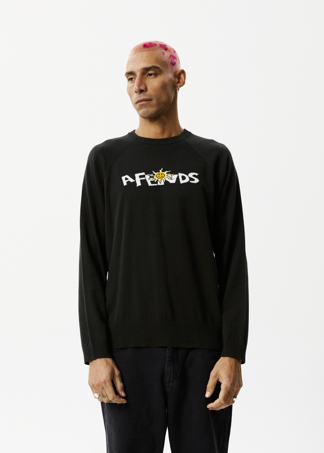 AFENDS Mens Farming - Knitted Crew Neck Jumper - Black 