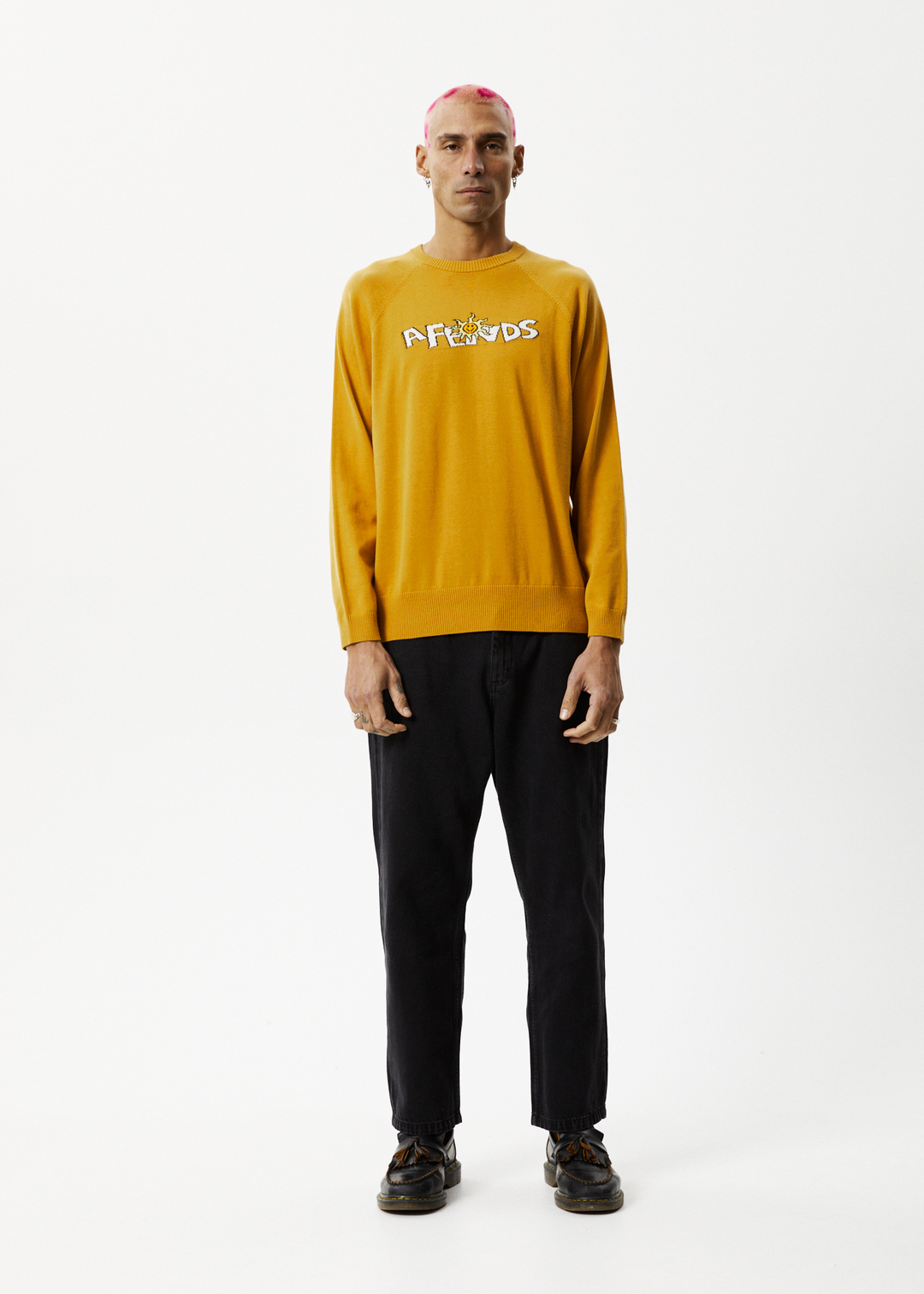 AFENDS Mens Farming - Knitted Crew Neck Jumper - Mustard 