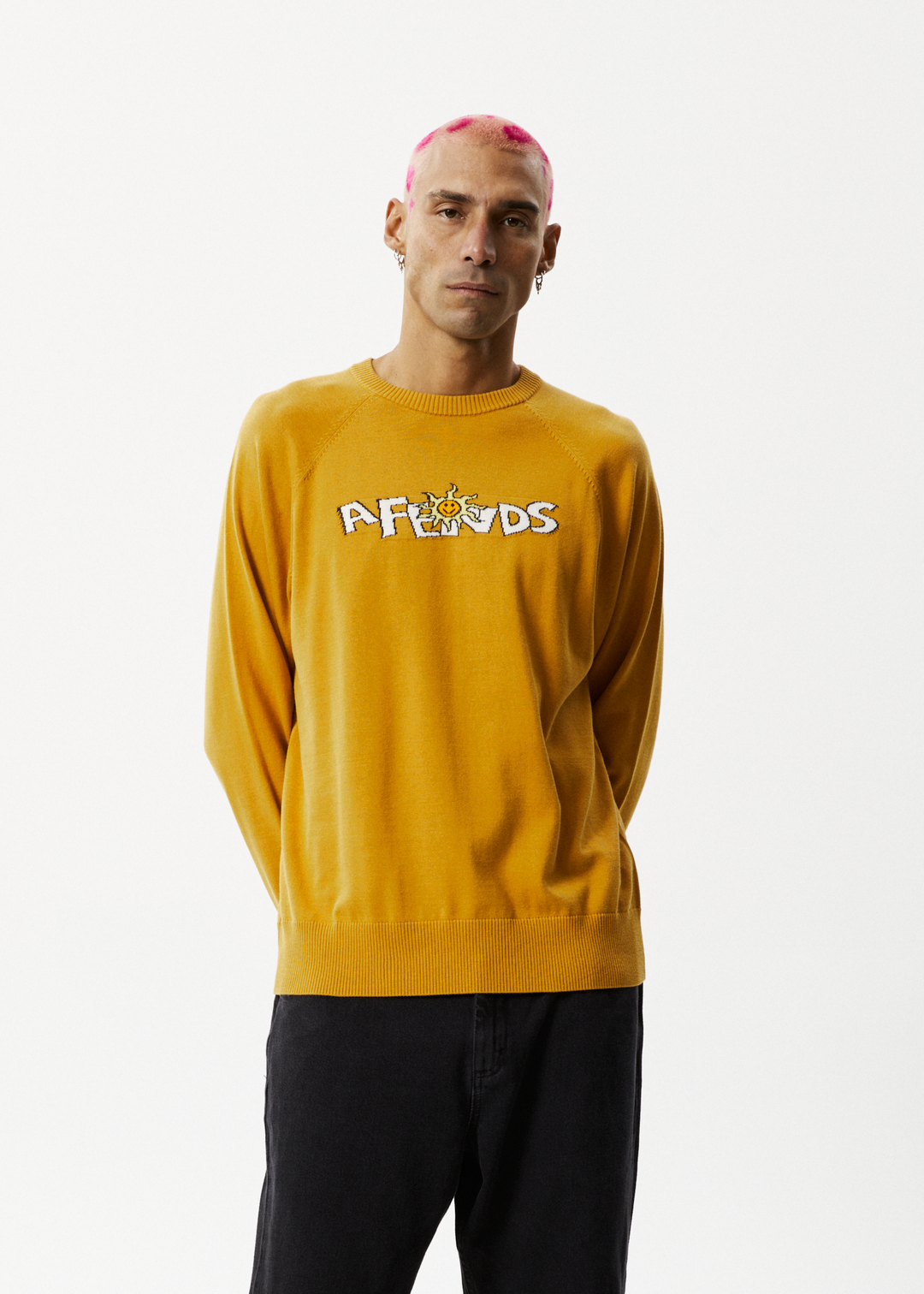 AFENDS Mens Farming - Knitted Crew Neck Jumper - Mustard 