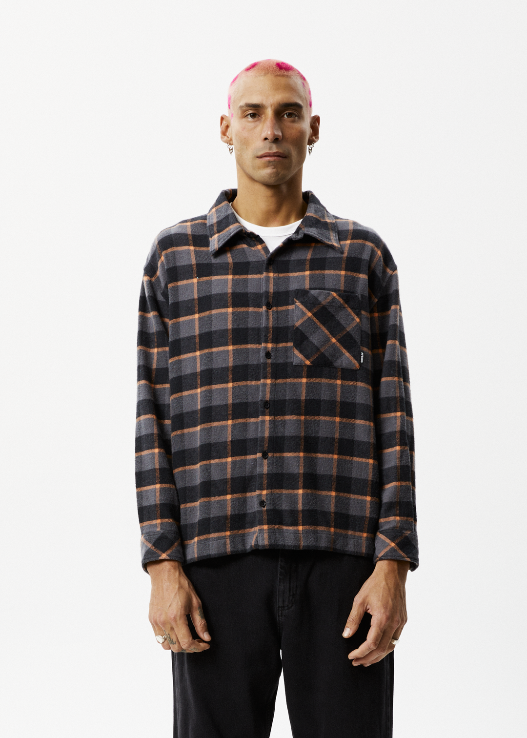 AFENDS Mens Flowerbed - Check Flannel Long Sleeve Shirt - Black 