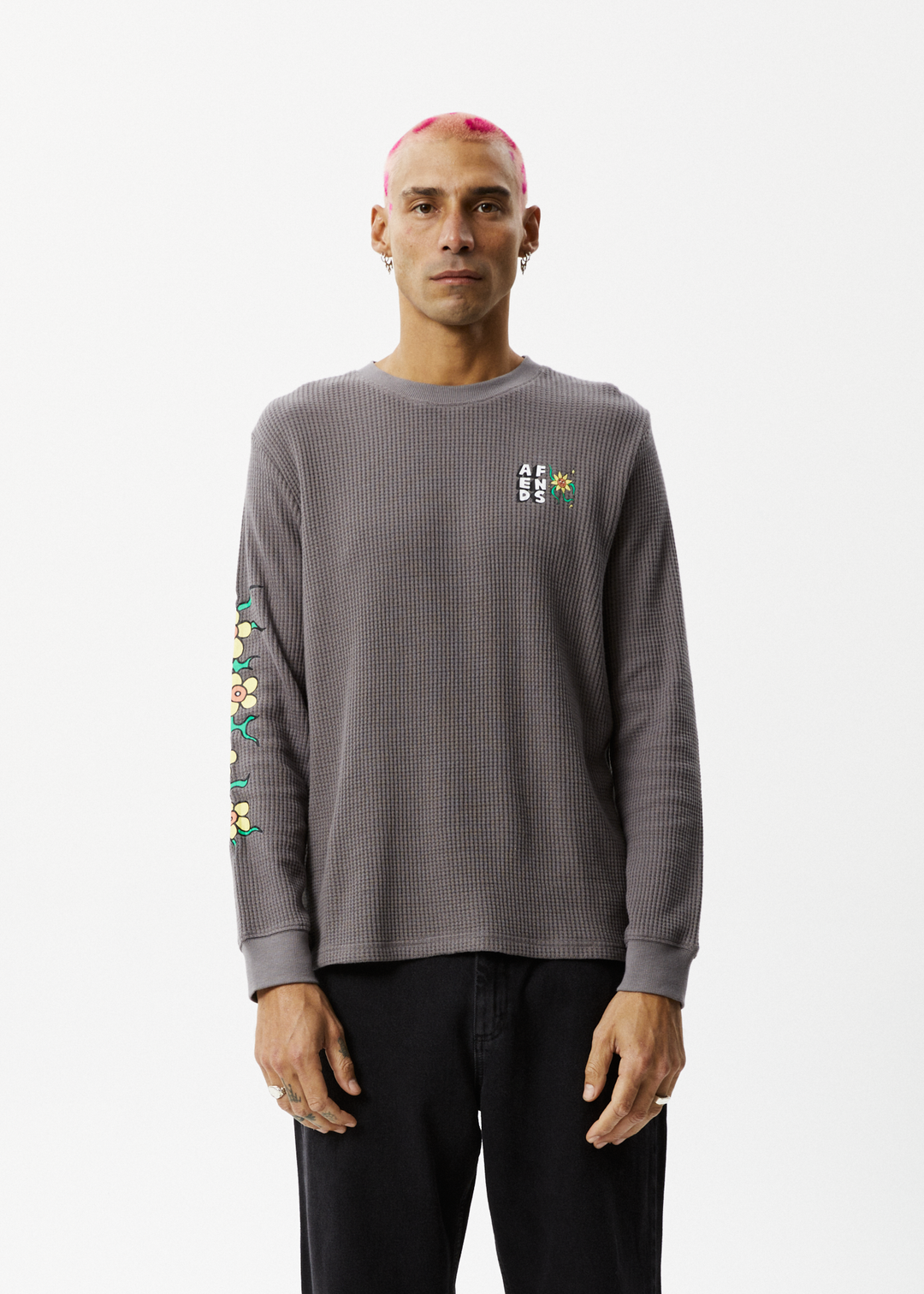 AFENDS Mens Flowerbed - Waffle Long Sleeve T-Shirt - Steel 