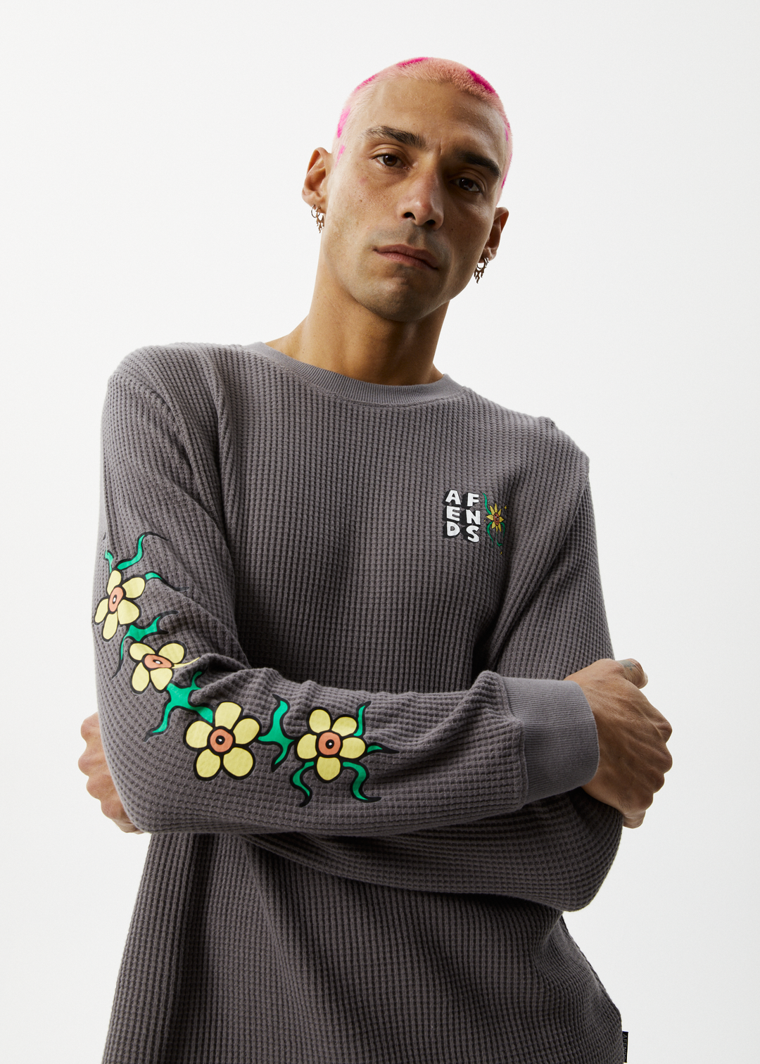 AFENDS Mens Flowerbed - Waffle Long Sleeve T-Shirt - Steel 