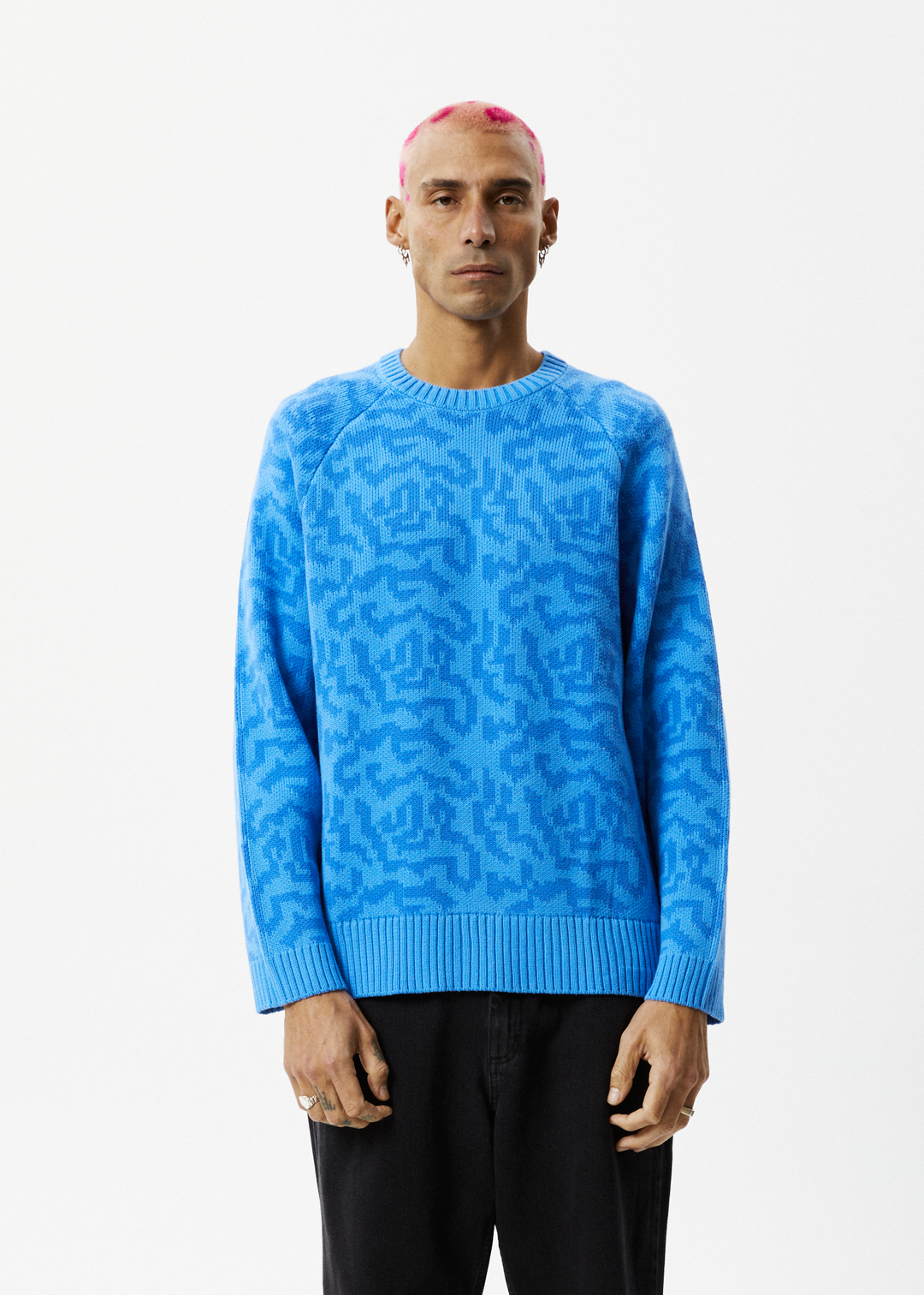 AFENDS Mens Icebergs - Knitted Crew Neck Jumper - Arctic 