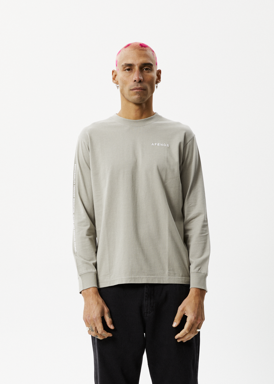 AFENDS Mens Icebergs - Long Sleeve Logo T-Shirt - Olive 