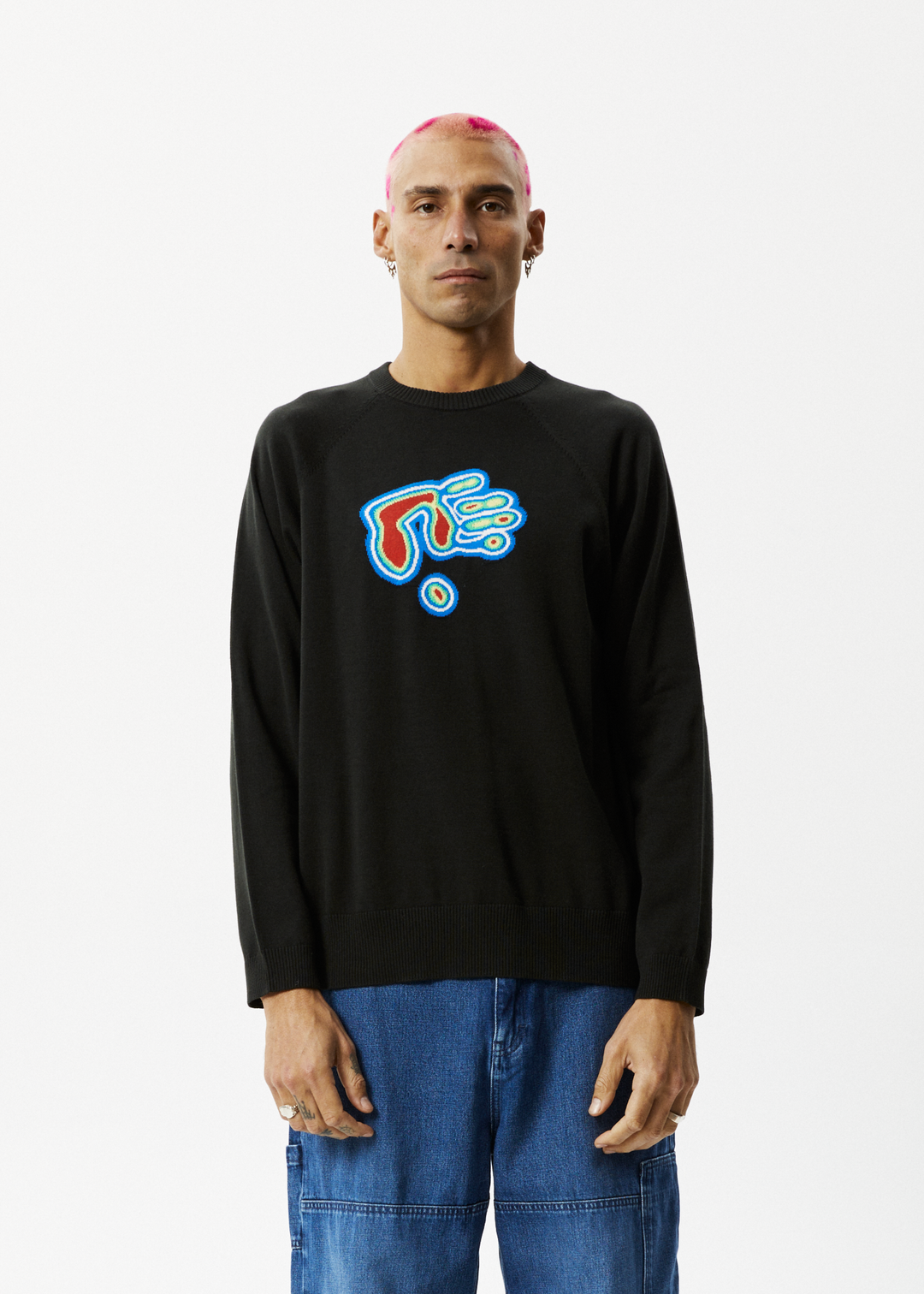 AFENDS Mens Imprint - Knitted Crew Neck Jumper - Stone Black 