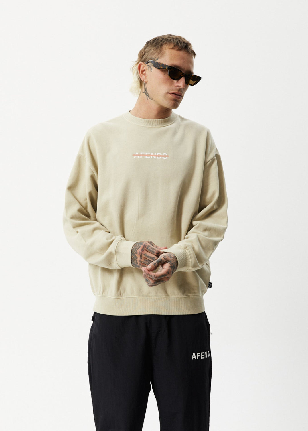 AFENDS Mens Liquid - Crew Neck Jumper - Cement 