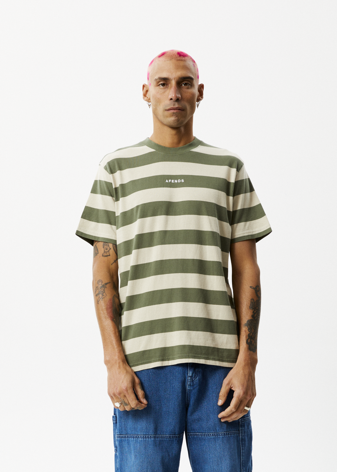 AFENDS Mens Needle - Retro Logo T-Shirt - Cypress Stripe 