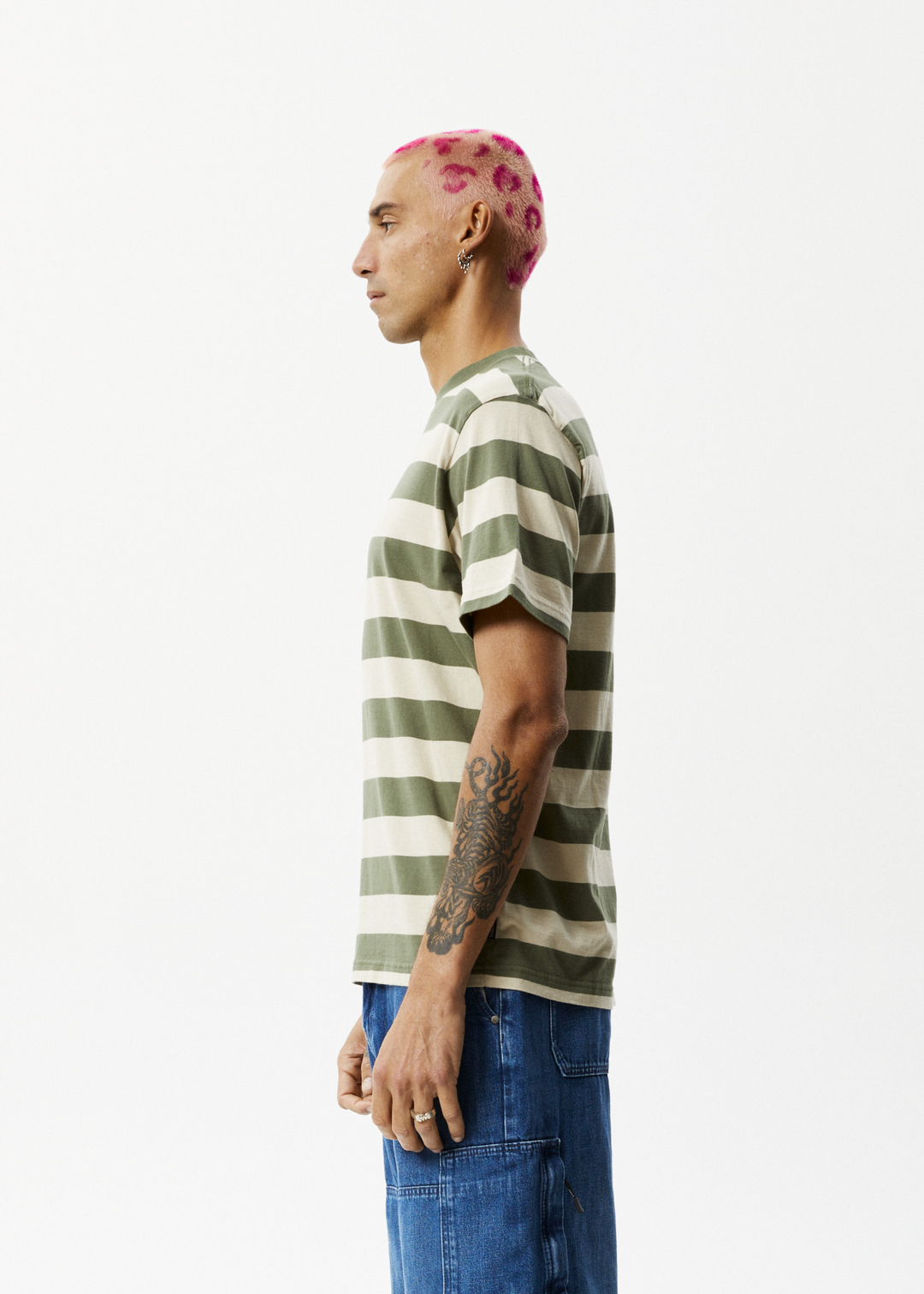 AFENDS Mens Needle - Retro Logo T-Shirt - Cypress Stripe 