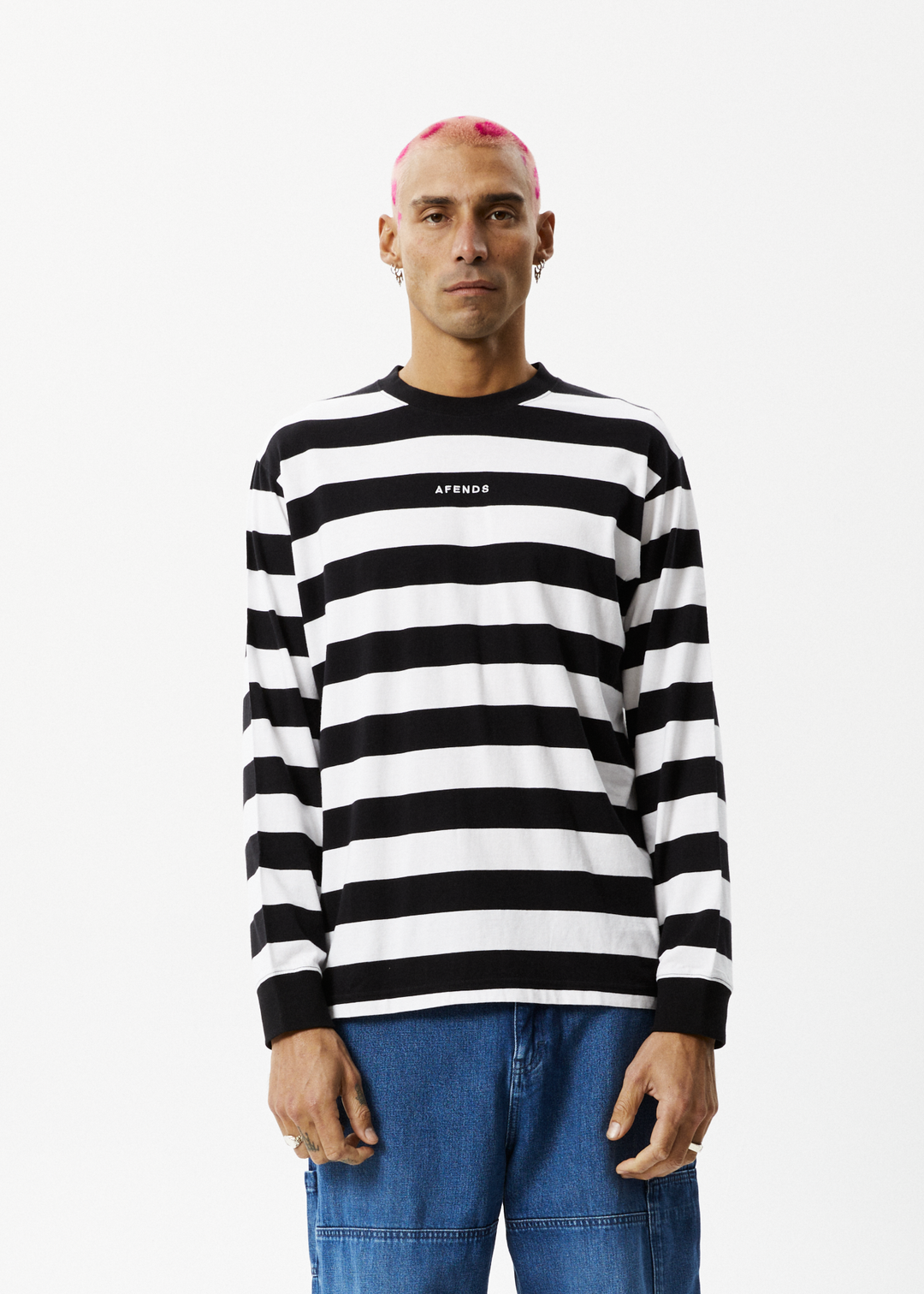 AFENDS Mens Needle - Striped Long Sleeve Logo T-Shirt - Black Stripe 