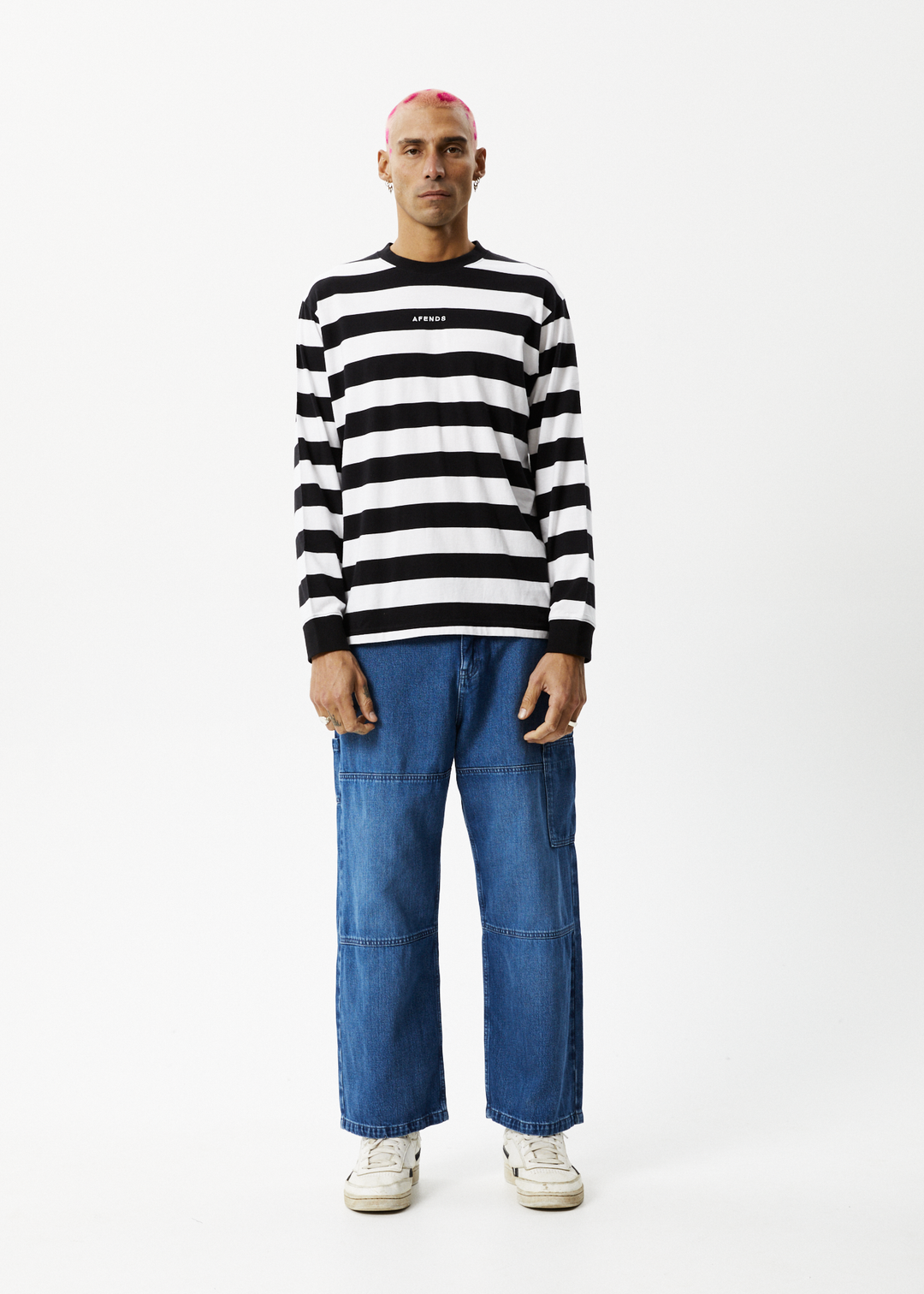 AFENDS Mens Needle - Striped Long Sleeve Logo T-Shirt - Black Stripe 