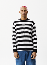 AFENDS Mens Needle - Recycled Striped Long Sleeve Logo T-Shirt - Black Stripe - Afends mens needle   recycled striped long sleeve logo t shirt   black stripe 