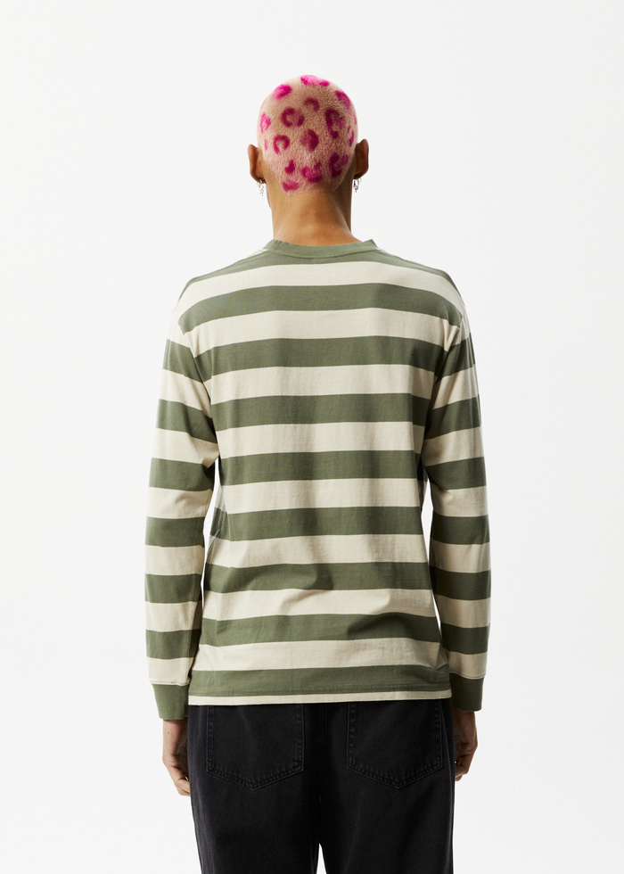 AFENDS Mens Needle - Striped Long Sleeve Logo T-Shirt - Cypress Stripe 