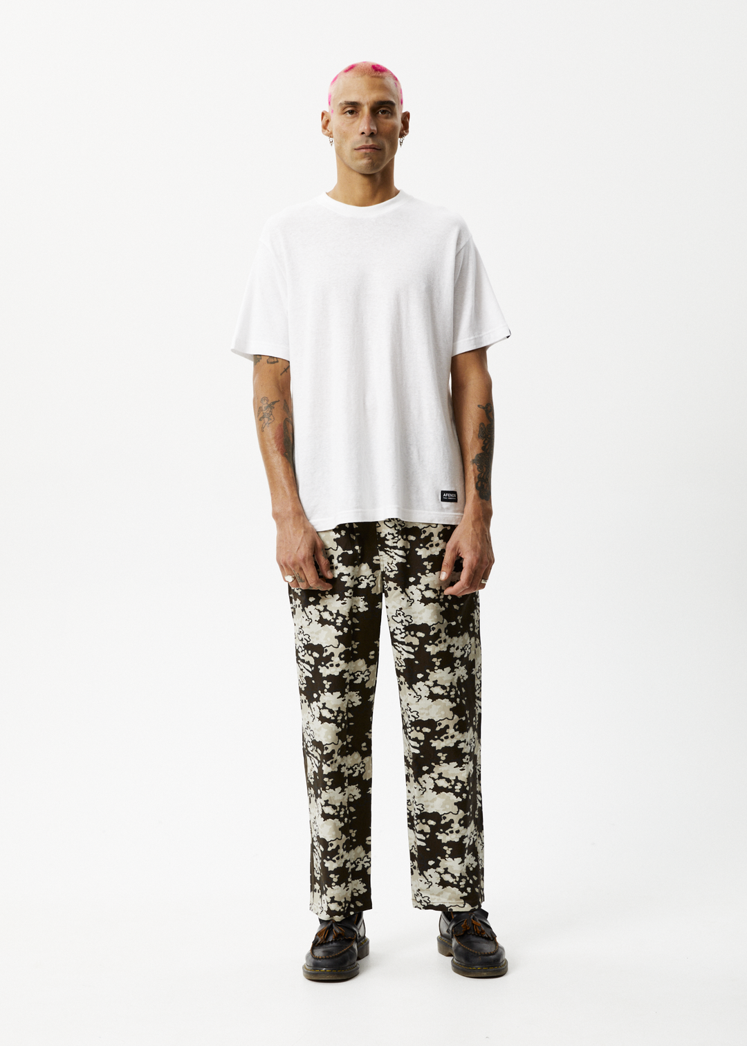 AFENDS Mens Ninety Eights Baggy Elastic Waist Pants Earth Camo