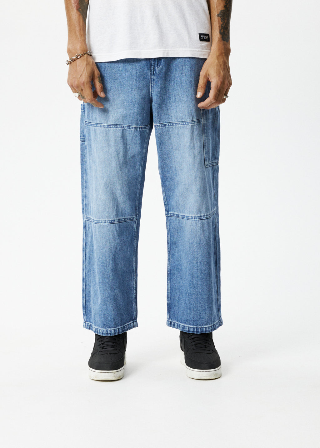 AFENDS Mens Richmond - Denim Baggy Workwear Jean - Worn Blue