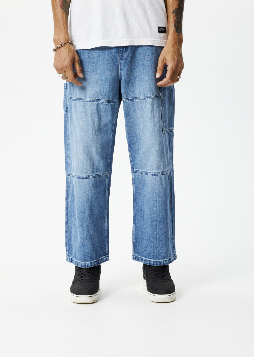 AFENDS Mens Richmond - Denim Baggy Workwear Jean - Worn Blue
