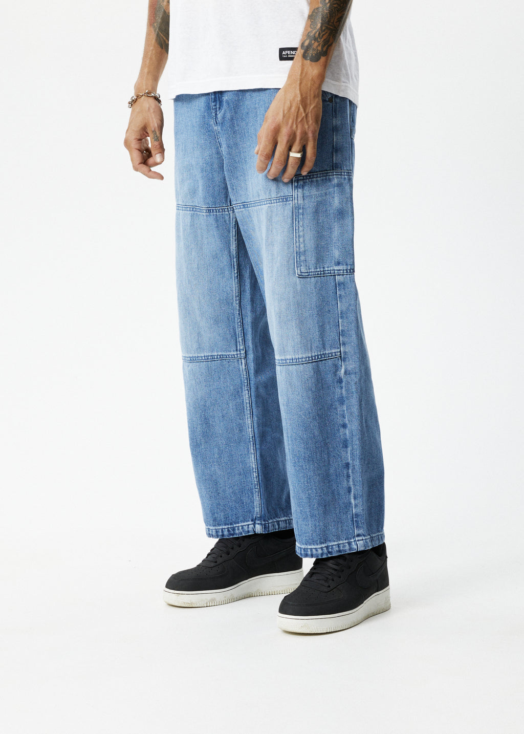 AFENDS Mens Richmond - Denim Baggy Workwear Jean - Worn Blue