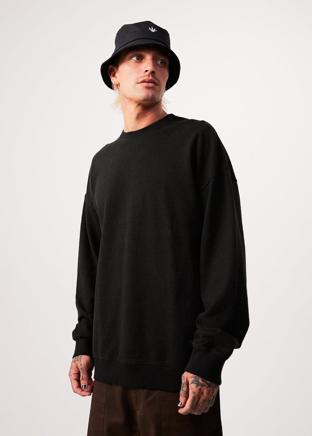 AFENDS Mens Sativa - Oversized Crew Neck Jumper - Black 