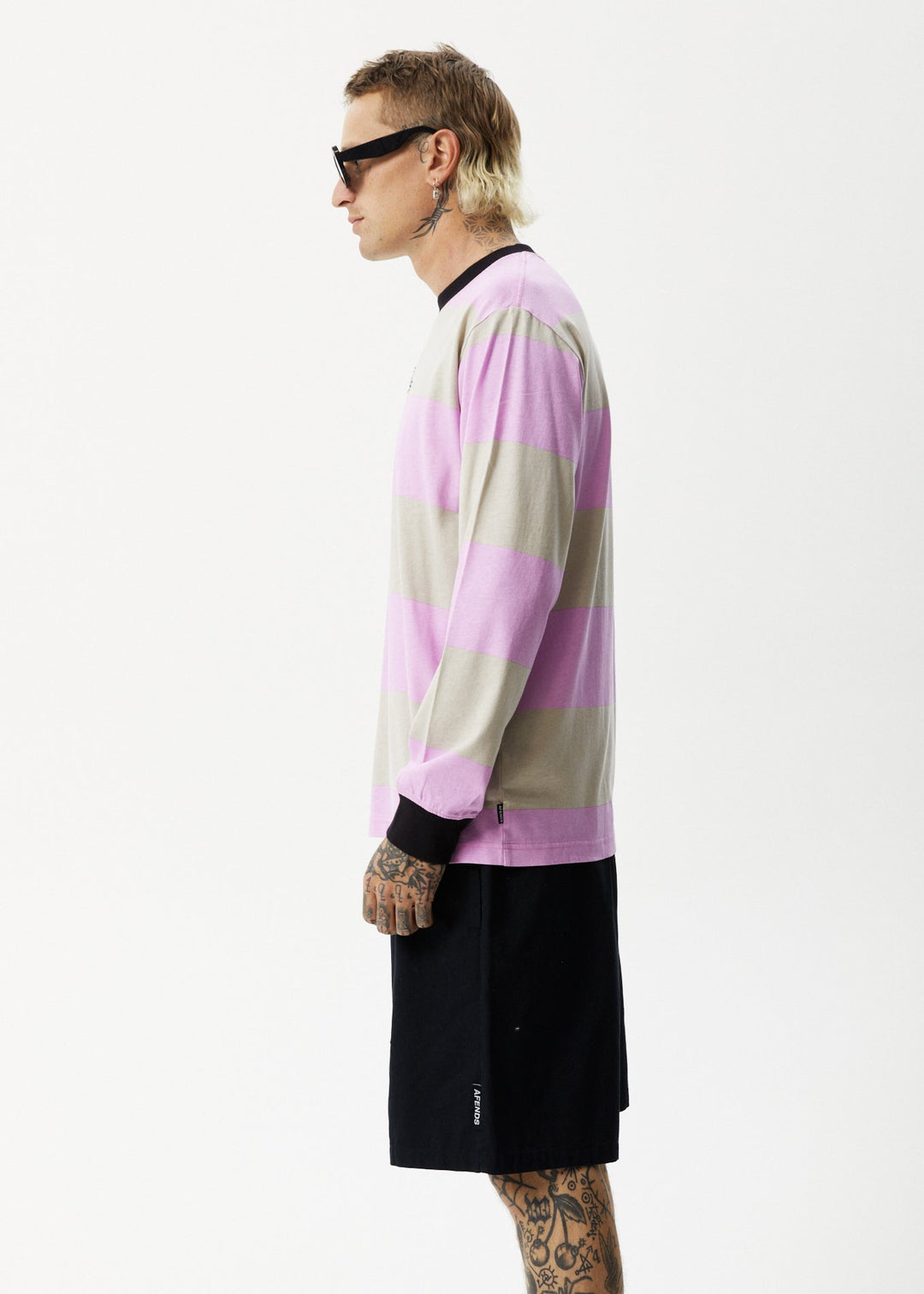 AFENDS Mens Space - Striped Long Sleeve Logo T-Shirt - Candy Stripe 