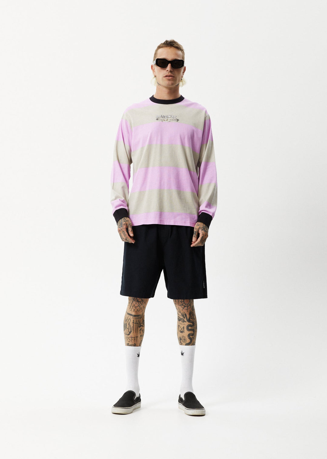 AFENDS Mens Space - Striped Long Sleeve Logo T-Shirt - Candy Stripe 