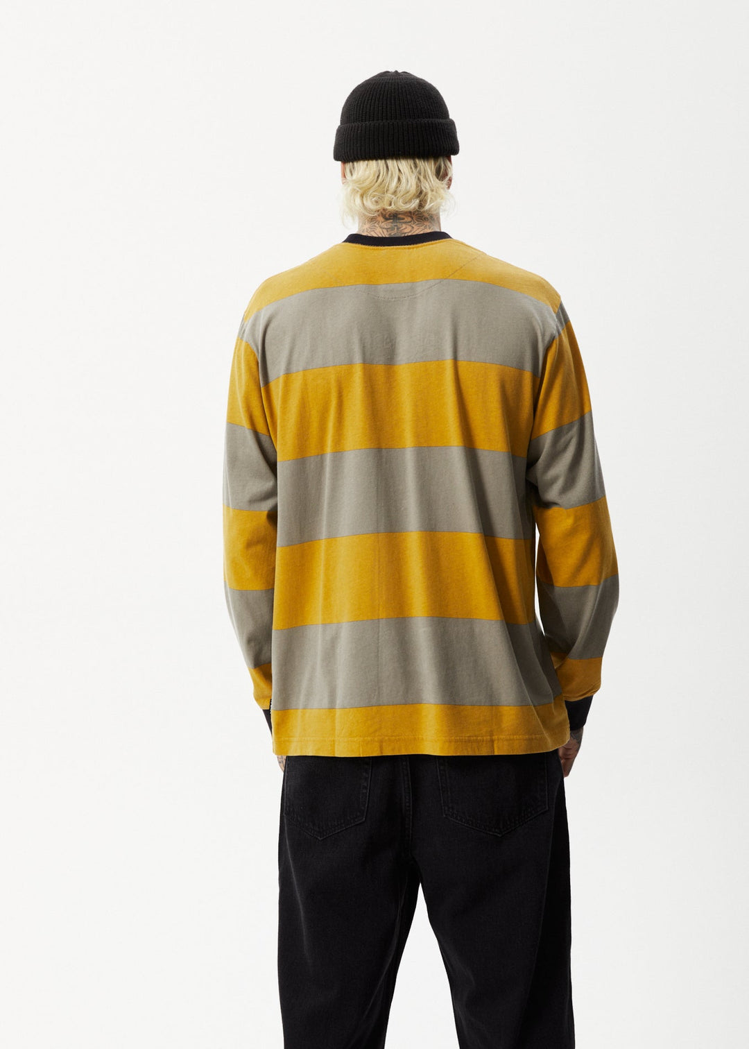 AFENDS Mens Space - Striped Long Sleeve Logo T-Shirt - Mustard Stripe 