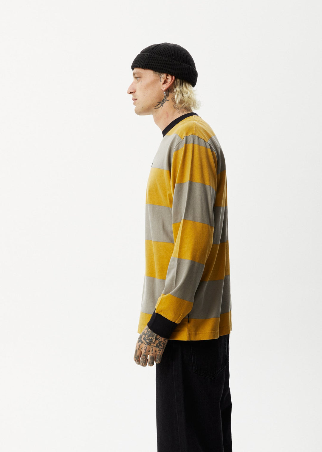 AFENDS Mens Space - Striped Long Sleeve Logo T-Shirt - Mustard Stripe 