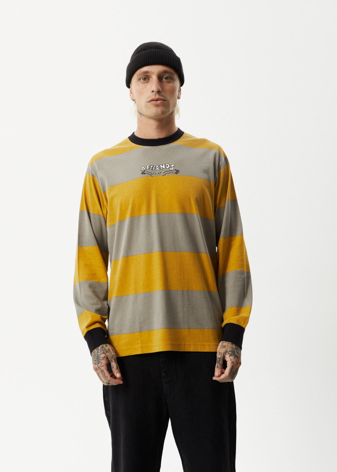 AFENDS Mens Space - Striped Long Sleeve Logo T-Shirt - Mustard Stripe 