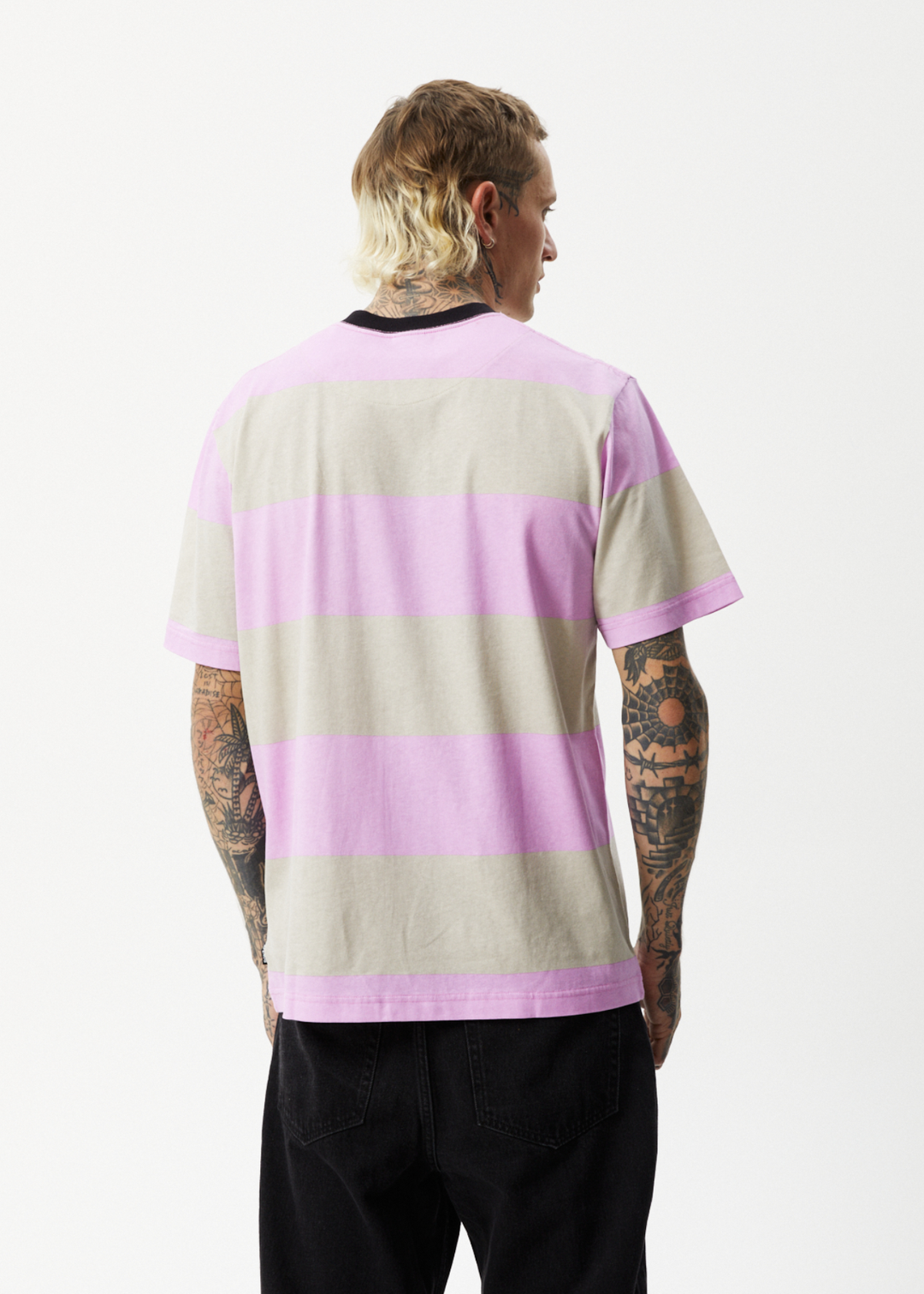 AFENDS Mens Space - Striped Retro Logo T-Shirt - Candy Stripe 