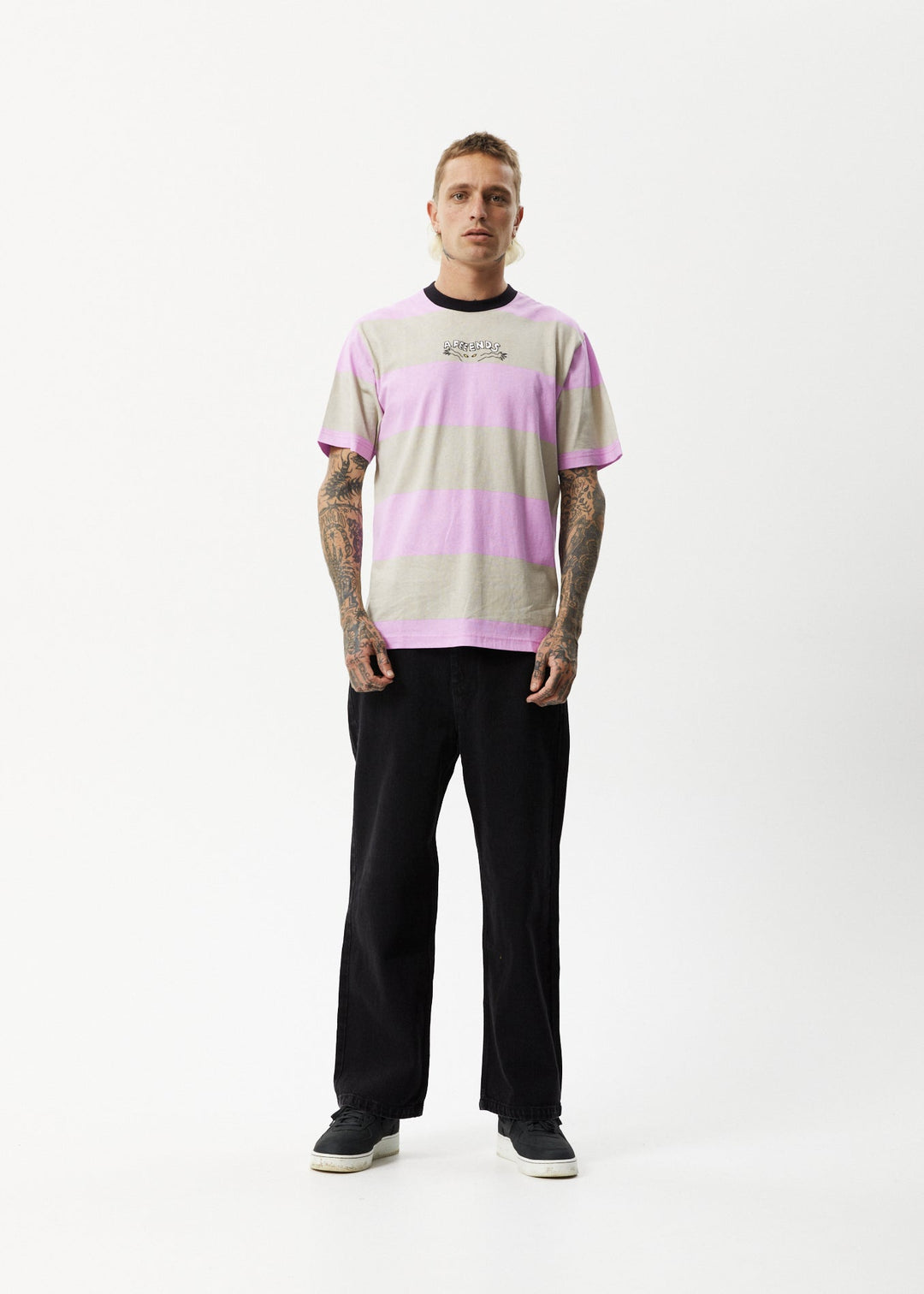 AFENDS Mens Space - Striped Retro Logo T-Shirt - Candy Stripe 