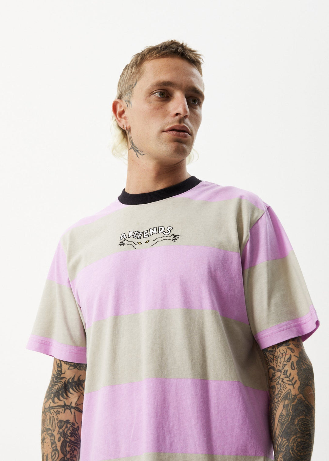 AFENDS Mens Space - Striped Retro Logo T-Shirt - Candy Stripe 