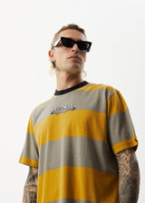 Afends Mens Space - Stripes Retro Logo T-Shirt - Mustard Stripe - Afends mens space   stripes retro logo t shirt   mustard stripe   sustainable clothing   streetwear