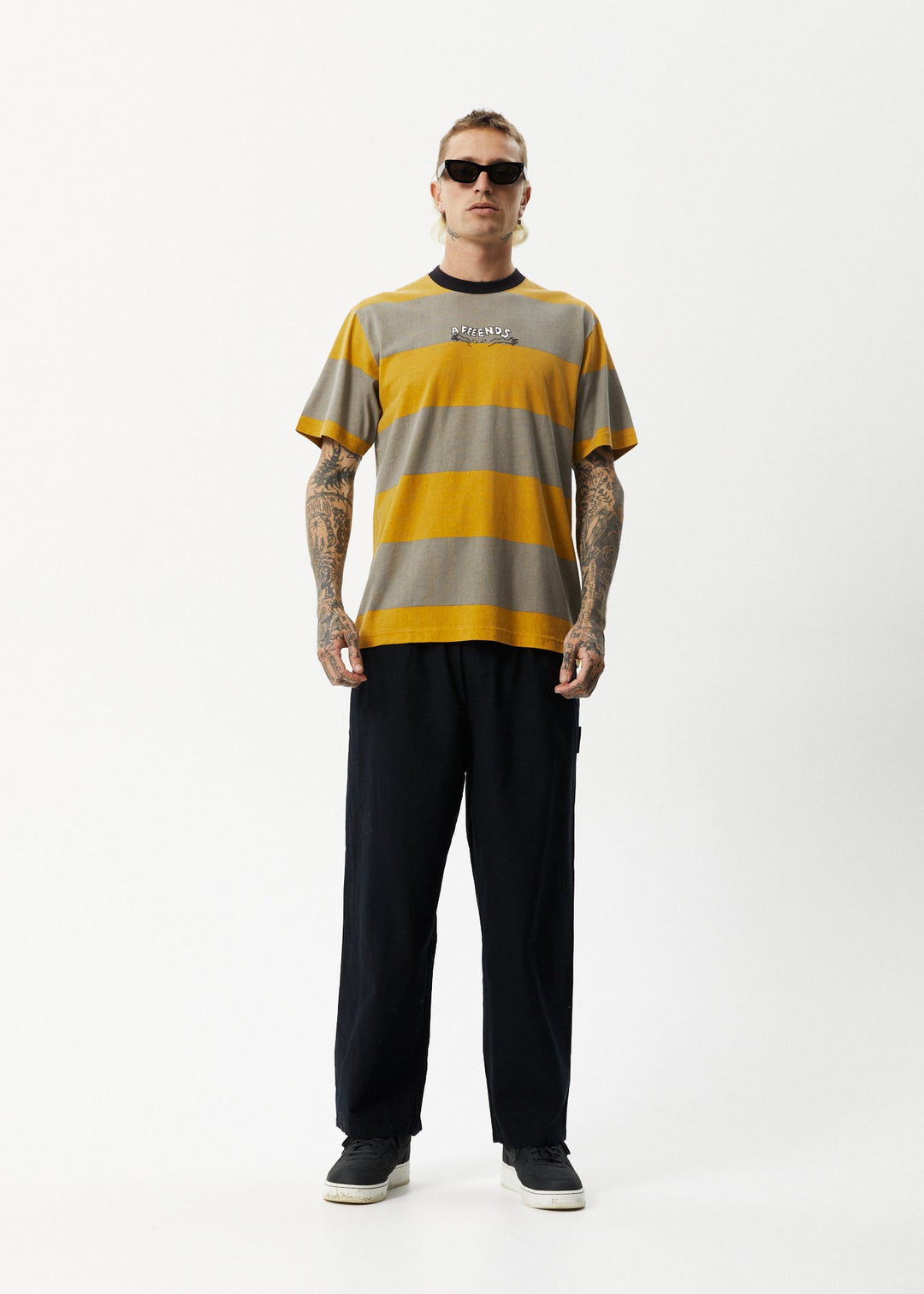 AFENDS Mens Space - Stripes Retro Logo T-Shirt - Mustard Stripe 