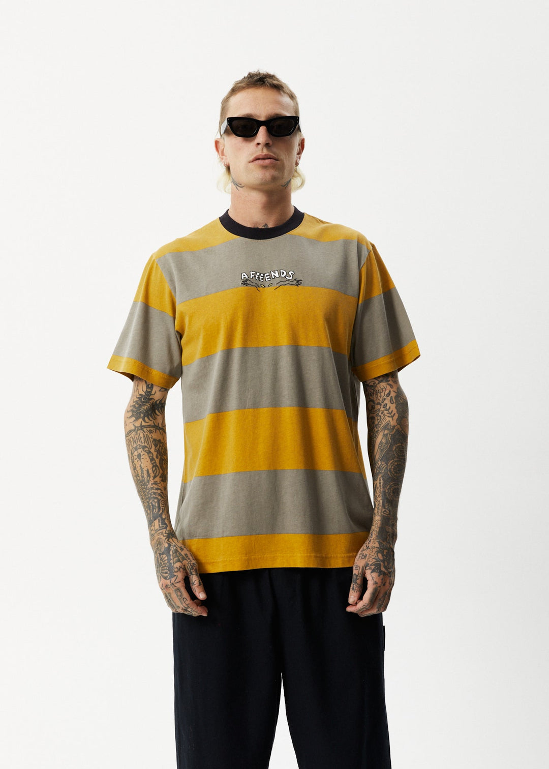 AFENDS Mens Space - Stripes Retro Logo T-Shirt - Mustard Stripe 