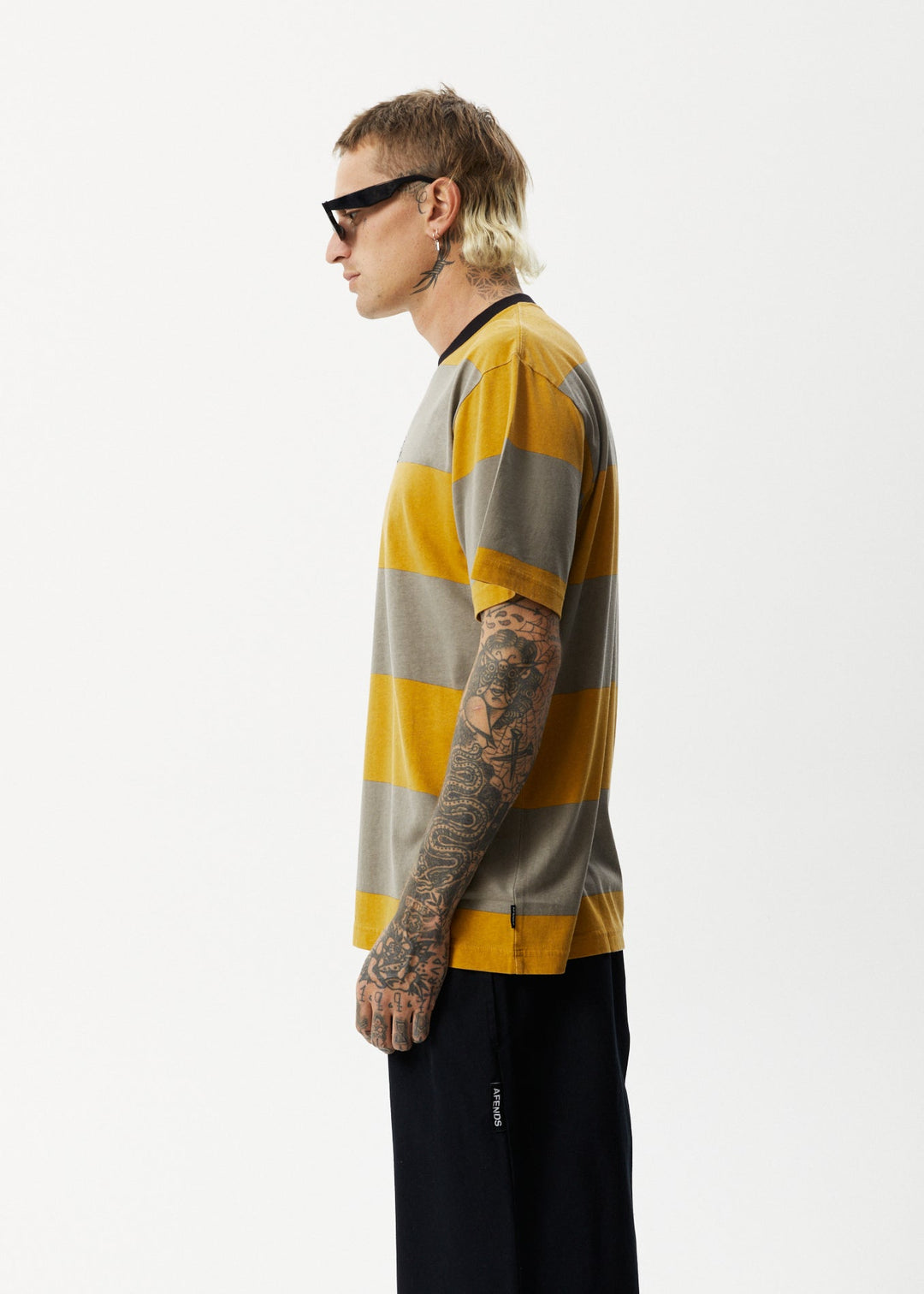 AFENDS Mens Space - Stripes Retro Logo T-Shirt - Mustard Stripe 