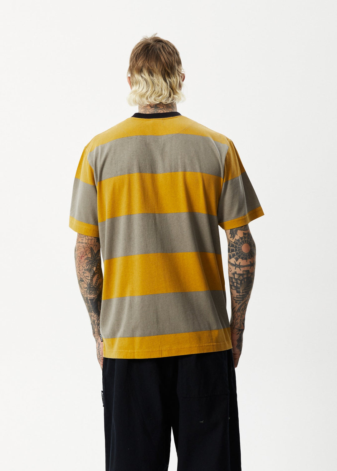 AFENDS Mens Space - Stripes Retro Logo T-Shirt - Mustard Stripe 