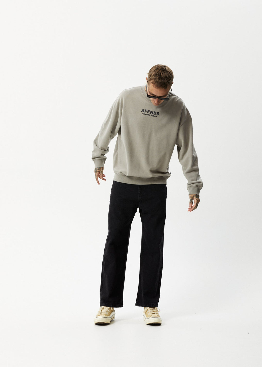 AFENDS Mens Universal - Crew Neck Jumper - Olive 