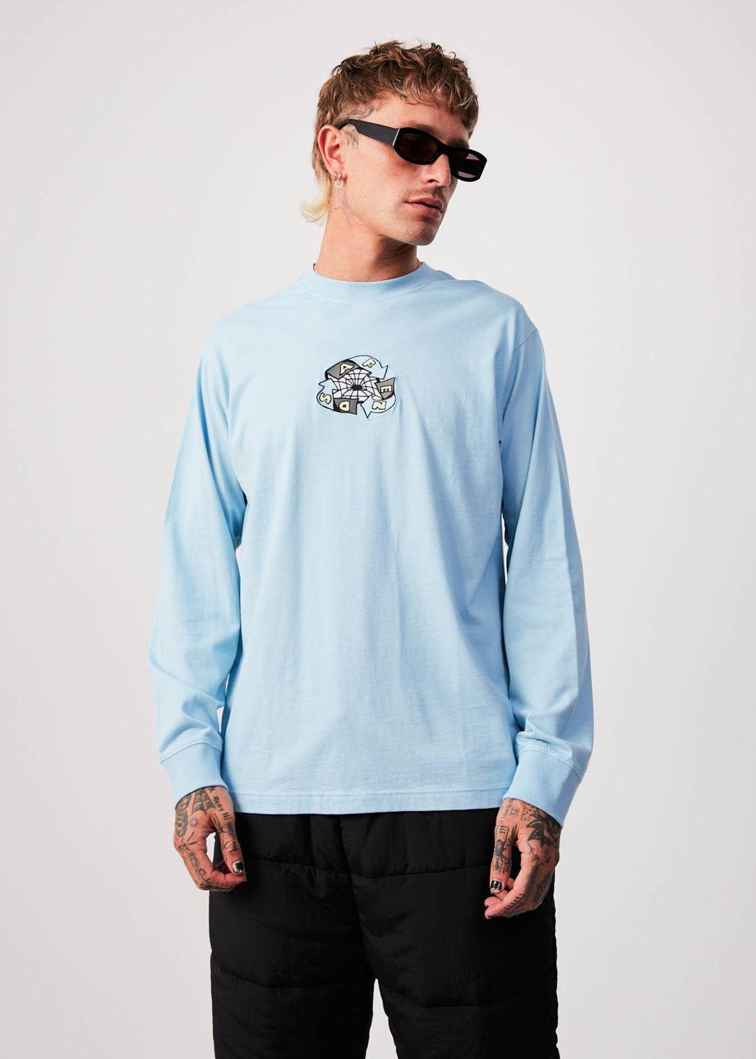 AFENDS Mens Warped - Long Sleeve Graphic T-Shirt - Sky Blue 