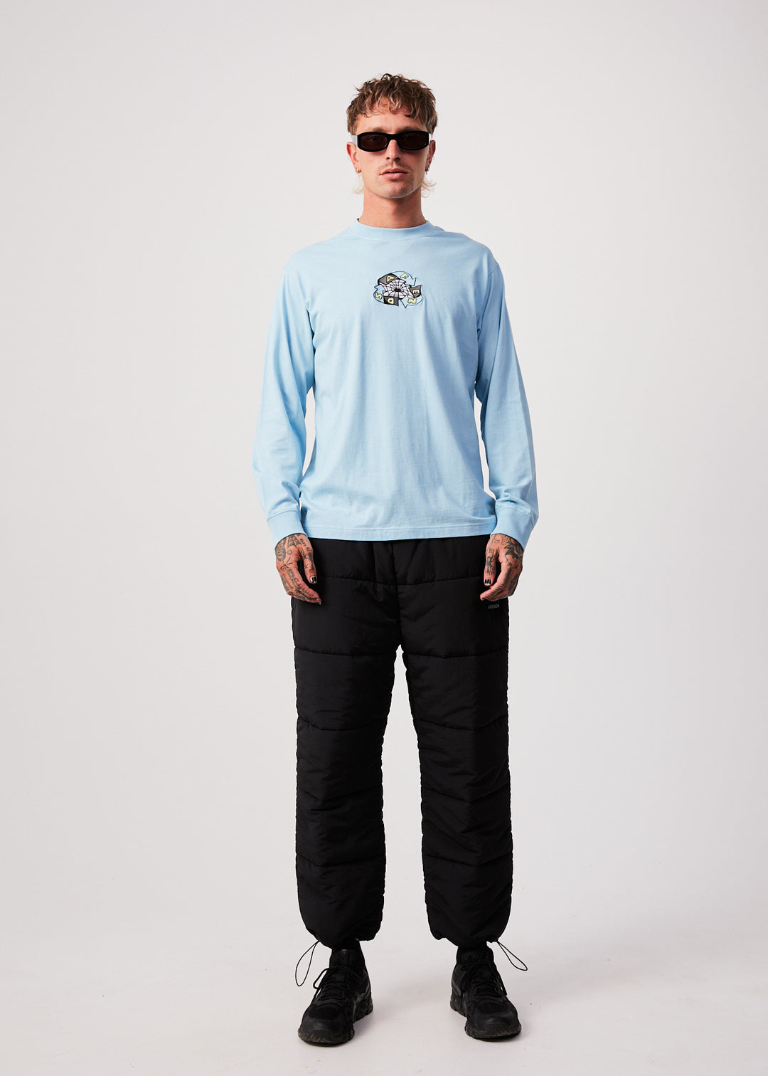 AFENDS Mens Warped - Long Sleeve Graphic T-Shirt - Sky Blue 