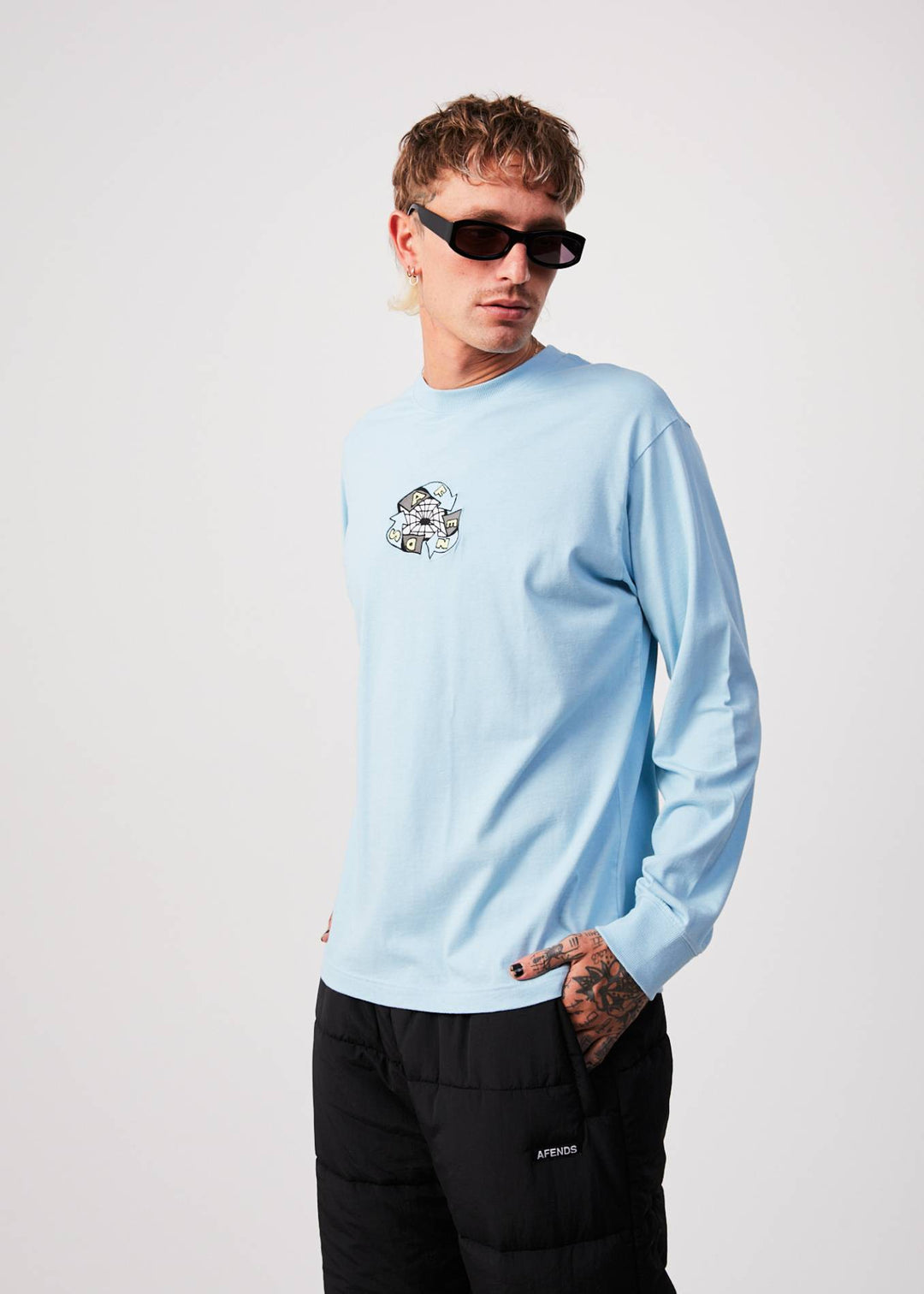 AFENDS Mens Warped - Long Sleeve Graphic T-Shirt - Sky Blue 