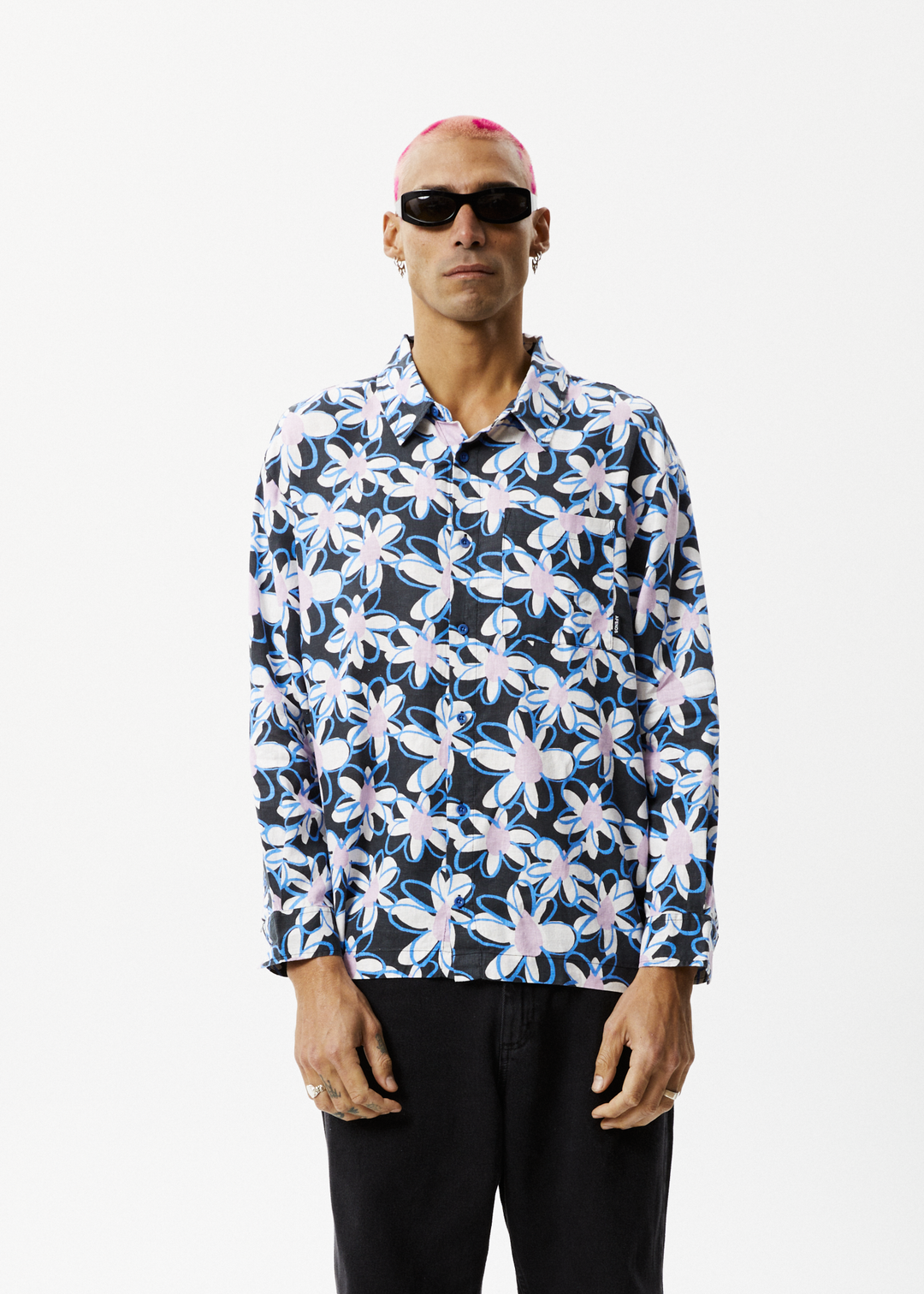 AFENDS Mens Waterfall - Long Sleeve Shirt - Stone Black 